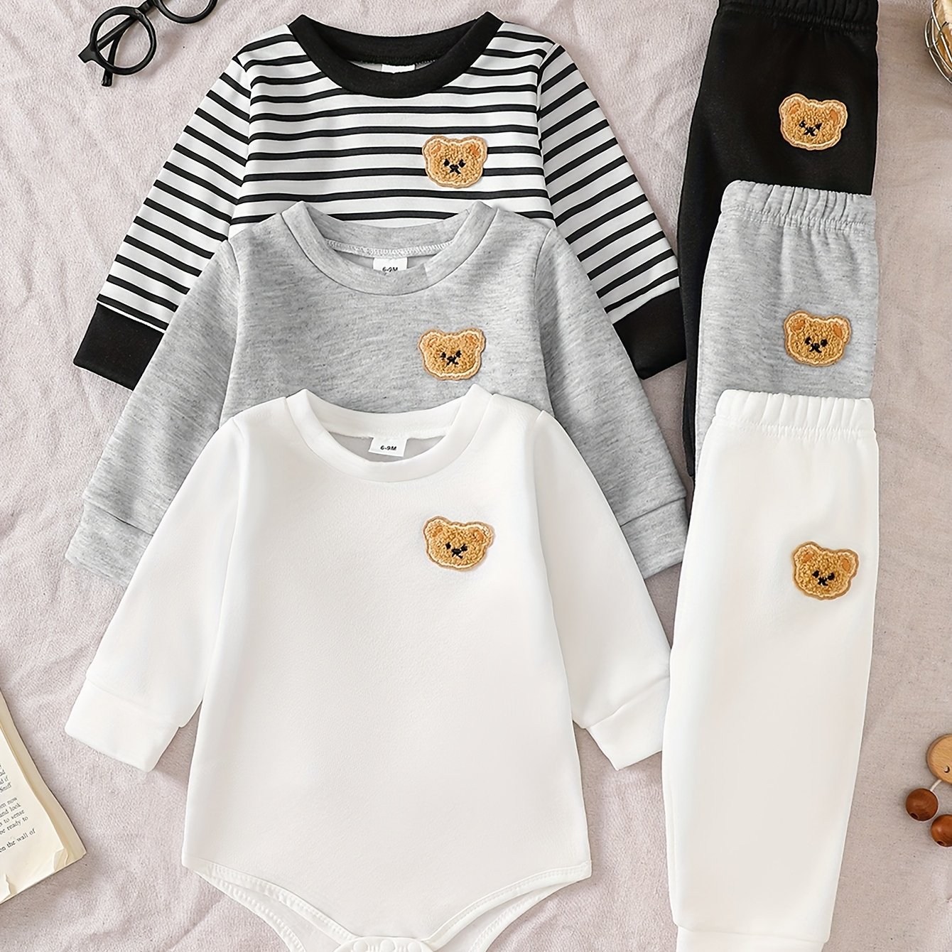 Image of Newborn Male Baby Three-piece Set 6-pc Fluffy Hoodie Sweatpants Set, Suitable For Outdoor Wear In Fall And Winter, Fashionable Casual Set, Comfortable And Warm Fabric, For Your Child