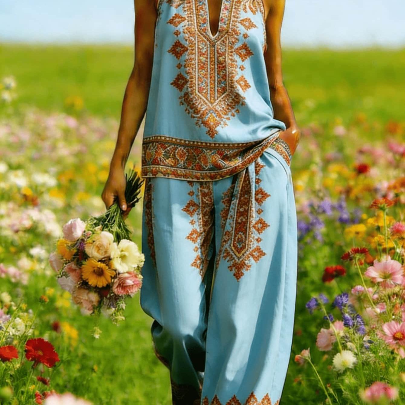 Plus Size, Women's Blue Vintage Ethnic Tribal Geometric Print Halter Deep V Neck Tank Top Relaxed Wide Leg Harem Pants Holiday Vacation 2pcs Matching Outfit