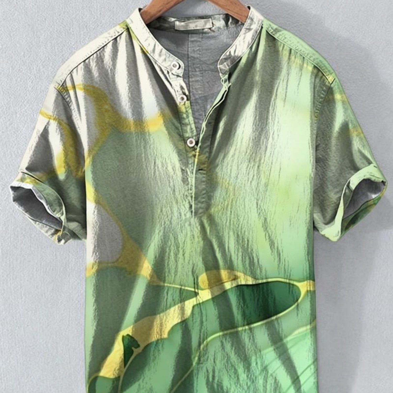 Image of Men's Stand-collar Shirt, Digital Printed Abstract Green-white-golden Pattern, Polyester Fabric, Casual & Comfortable, Multiple Sizes , Mixed Color, Stylish For Daily Wear
