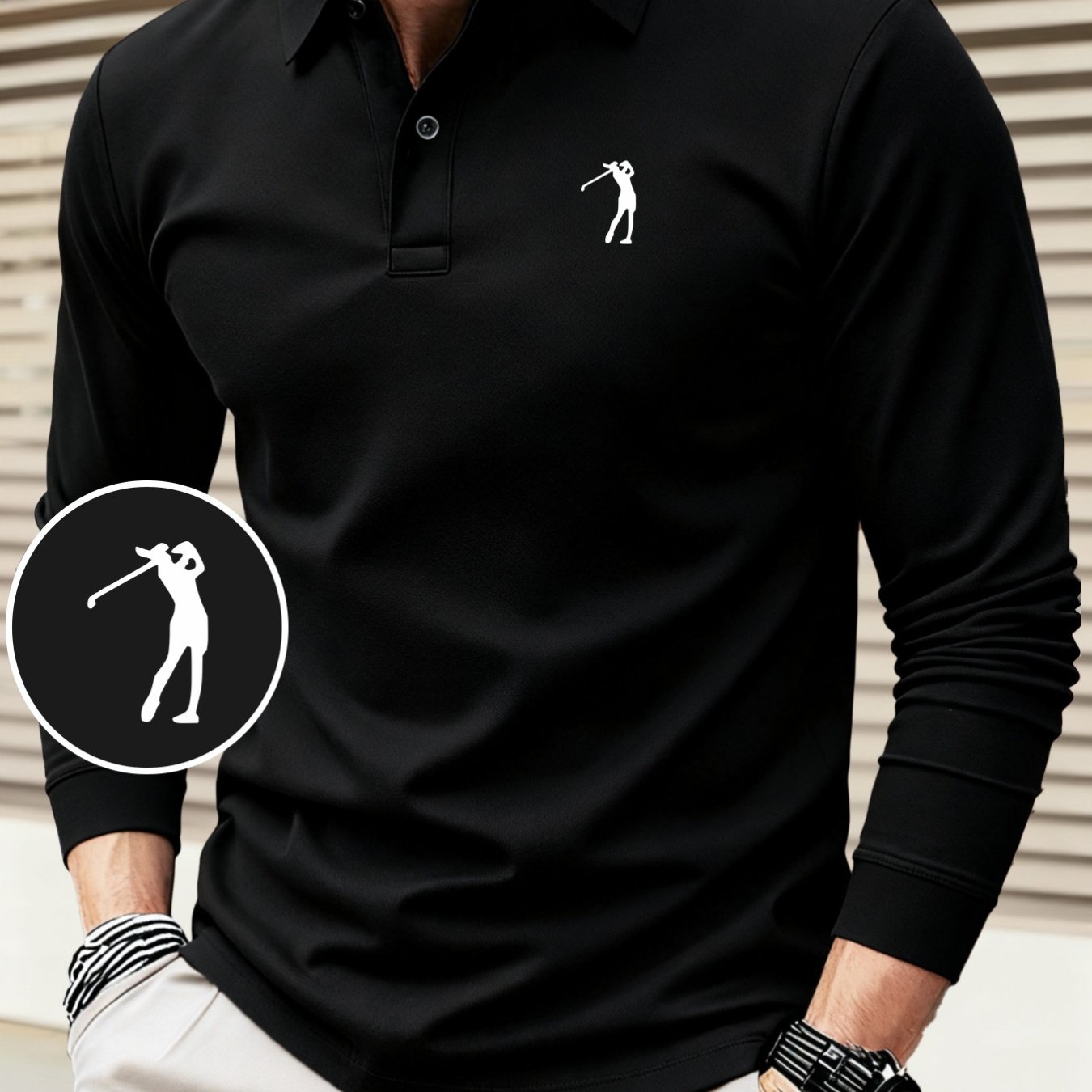 TEMU Hc2-3078#2025 New Autumn/winter Long Sleeve Shirt, Minimalist Creative Golf Character Print, Contrast , Fashionable And Premium, Collared Top,