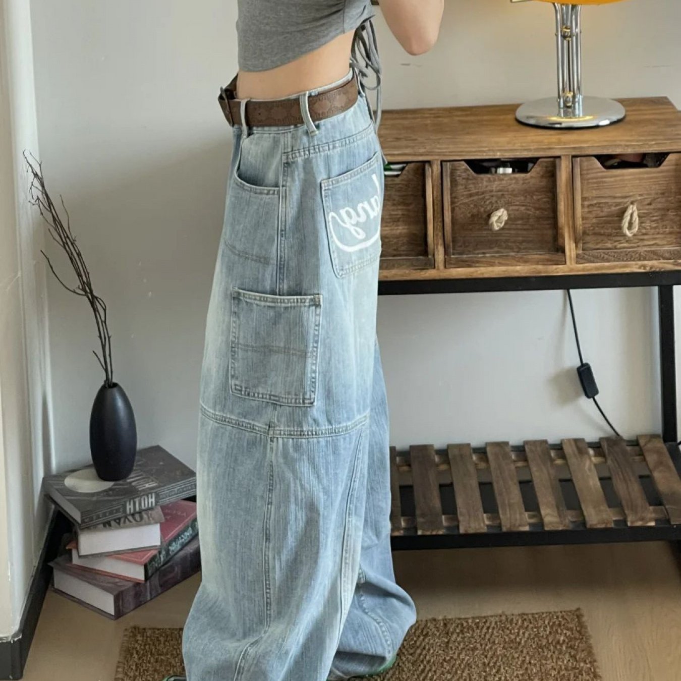 TEMU カジュアルデニムワイドパンツレディースジーンズ春の服夏の服デニムロングパンツストレッチデニムパンツオーバーサイズハイウエストパンツ美しいスリムニングスクール通学アウトドアパーティー