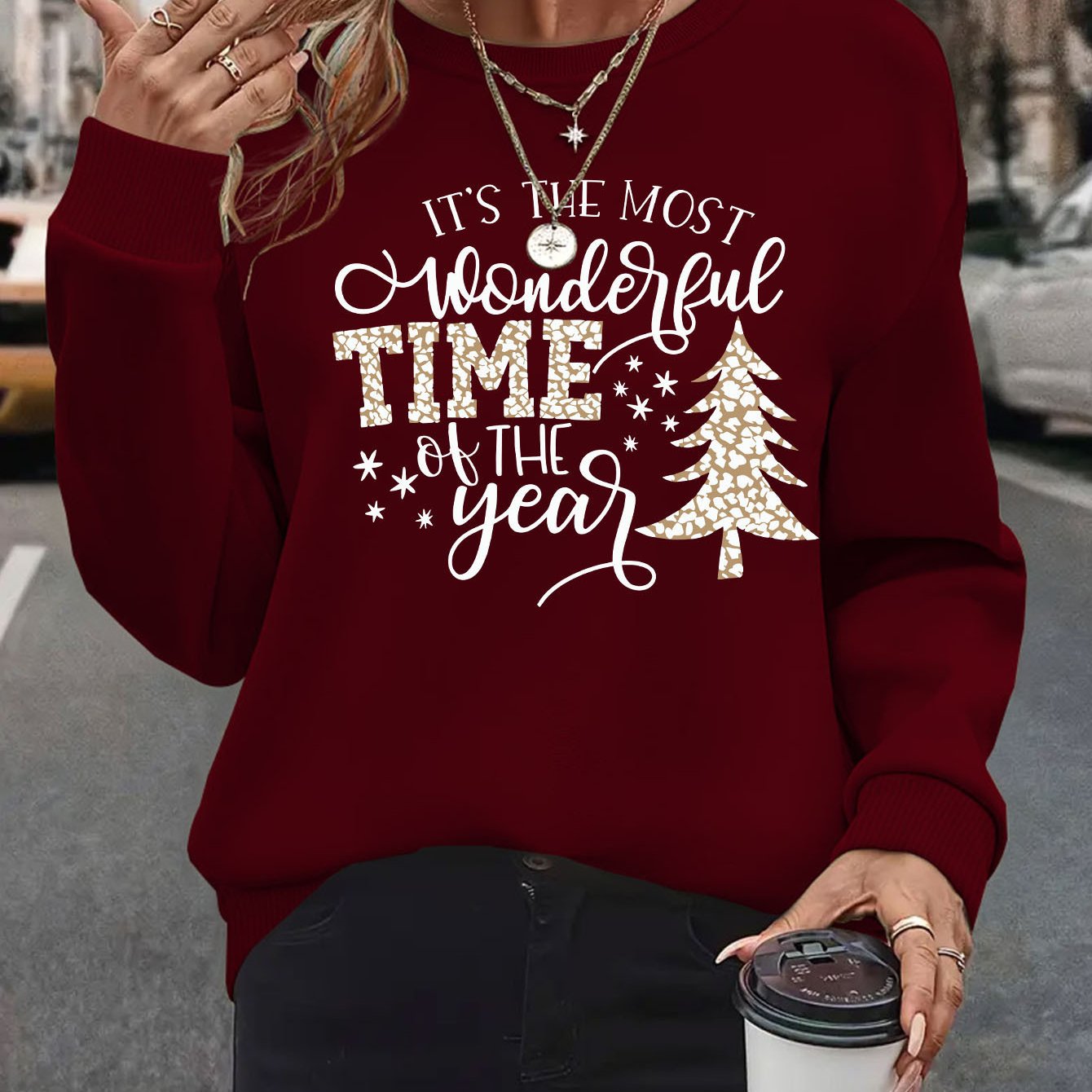 TEMU Plus Size, Holiday-themed - Christmas: Oversized Comfortable Christmas, Bohemian Style Christmas Tree Letter Print, Soft Casual Long-sleeve