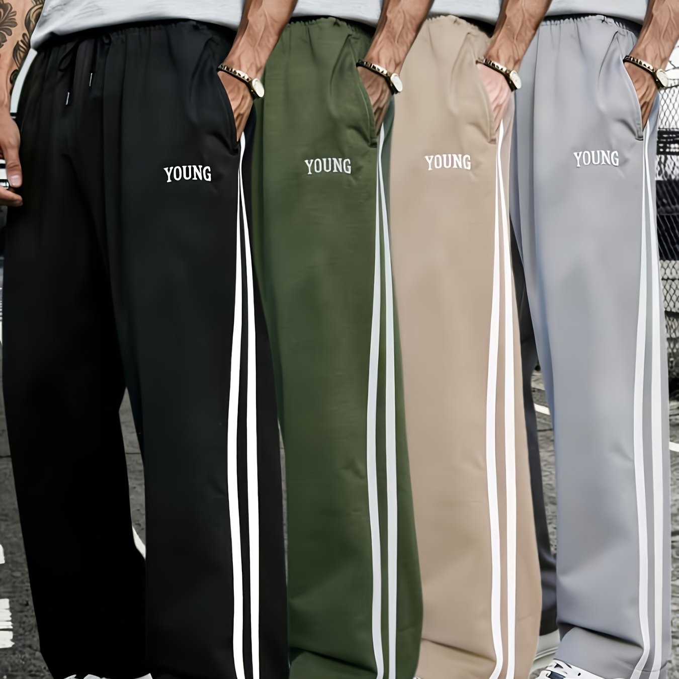 TEMU 4pcs Men's Casual Sports Pants With Drawstring Waist, Straight-leg Hem, And Side Dimensional . Made Of Lightweight, Comfortable, And Breathable