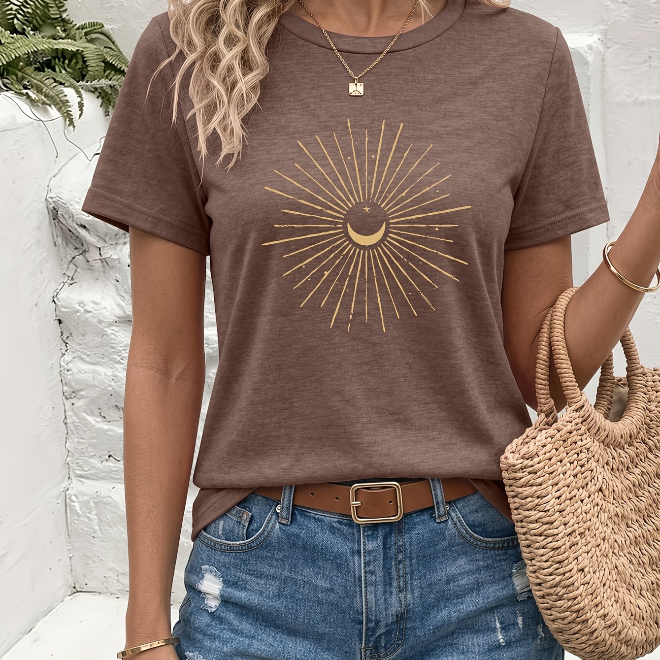 TEMU Themed Printed Color- Crew Neck T-shirt, Soft And Comfortable, Stylish Crew Neck T-shirt, Vintage And Casual, Everyday Versatile -shirt