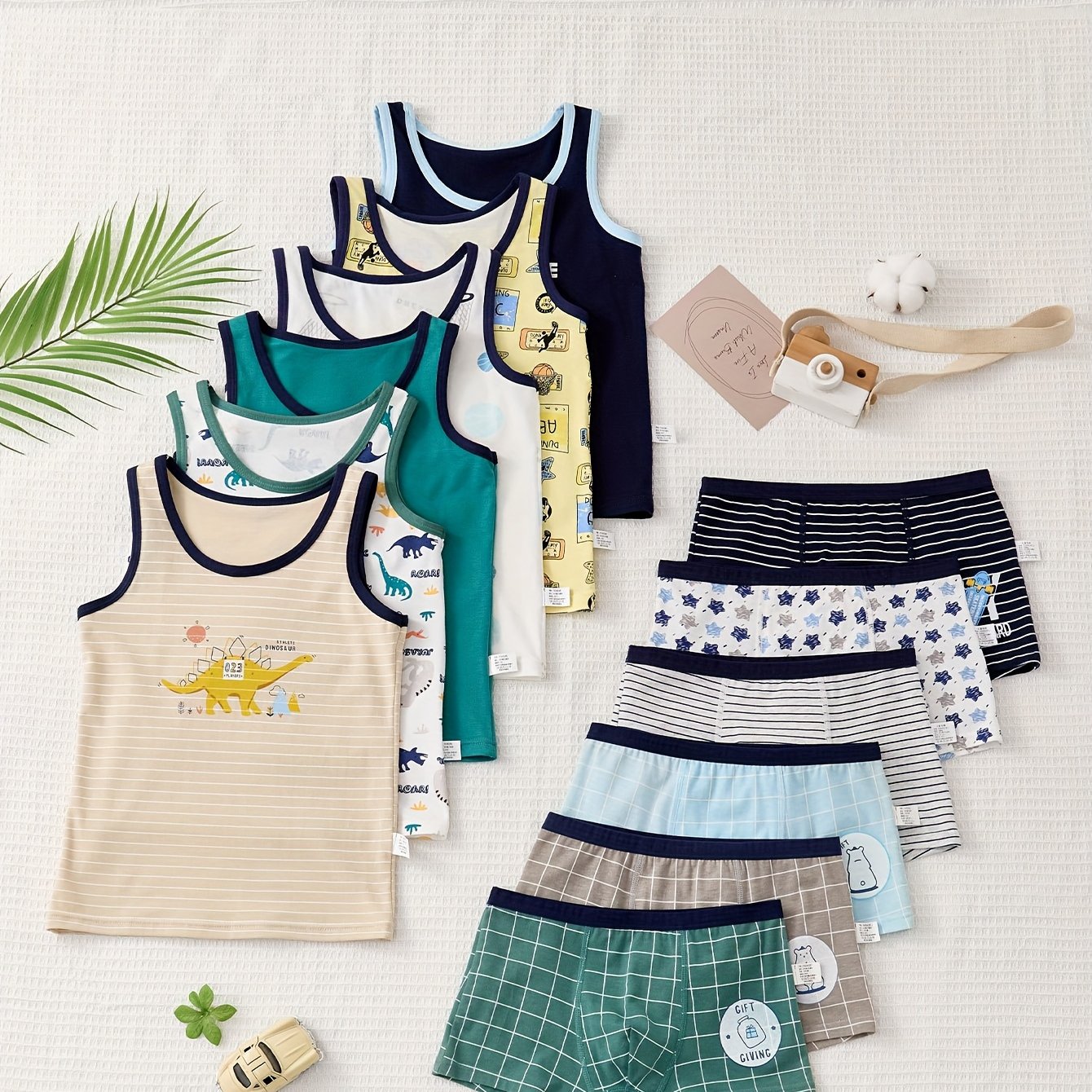 [3 Random Sets]3 Sets/6pcs Of Boys' Vests With Square-cut Underwear. The Underwear Features A Double-layered Design For Durability And Skin