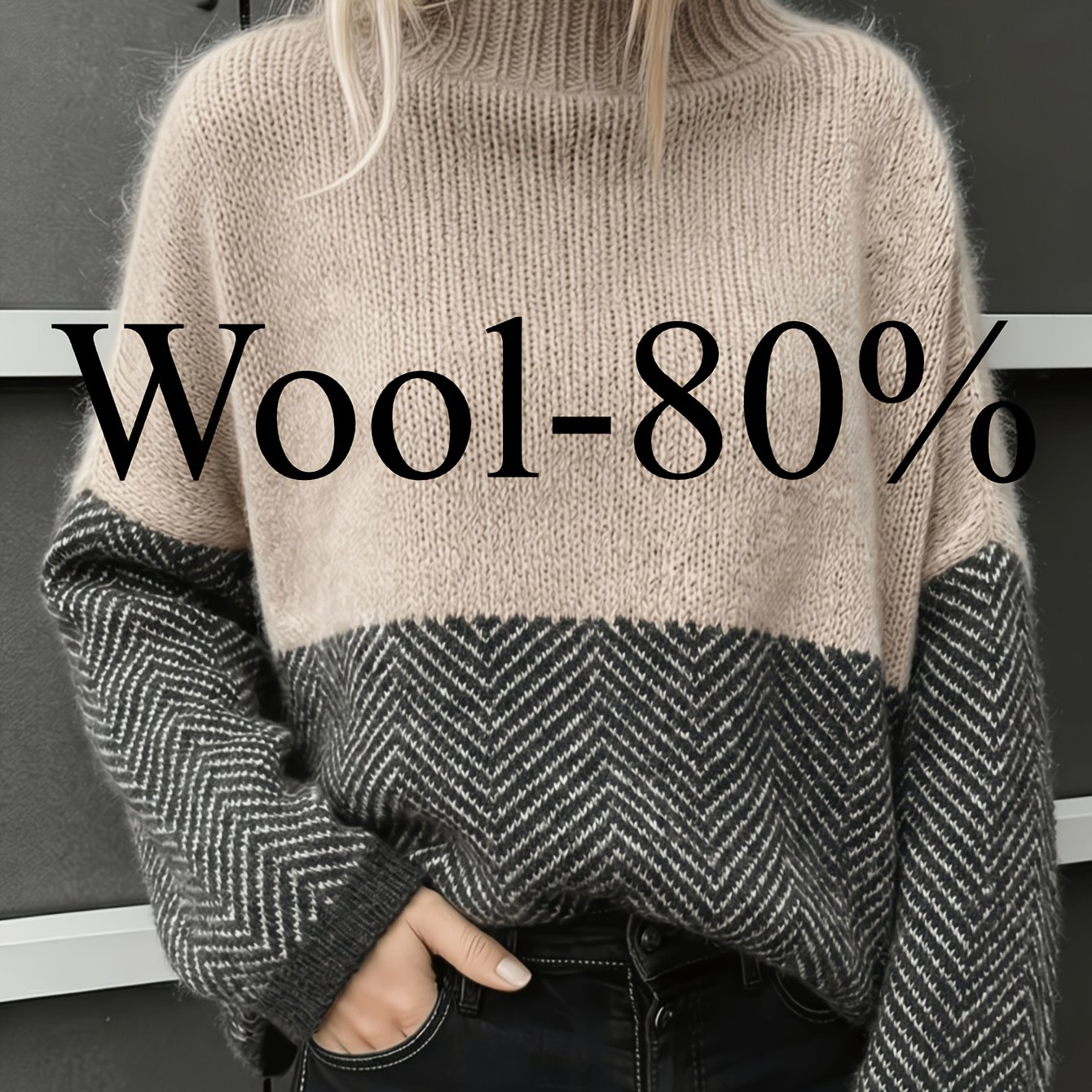 TEMU Women's 80% Wool Turtleneck Sweater With Geometric Pattern, Soft And Warm, Loose Pullover, Autumn/winter Casual Sweater