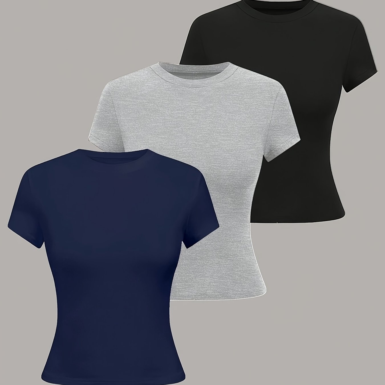 3pcs Women' Crew Neck Short Sleeve Crop T-shirts In Black, White, And Gray - Slim Fit, Stretchy Polyester Blend, Cute & Versatile For Spring/summer, Casual , Vacation Attire | Basic Crop Top | Textur