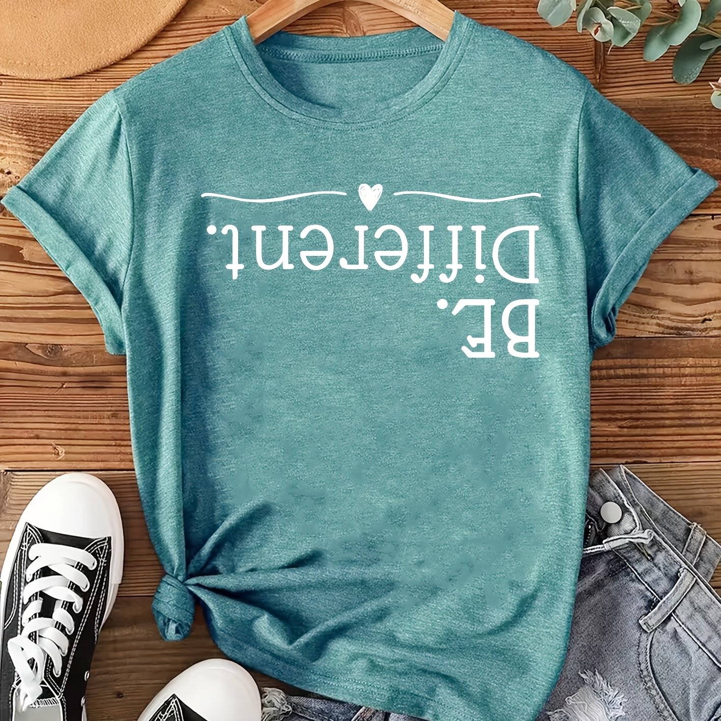TEMU Women's Elegant Short Sleeve "" Reversal Text Print Round Neck Comfortable Soft Breathable New Style Fashion Easy Retro Versatile Casual Spring