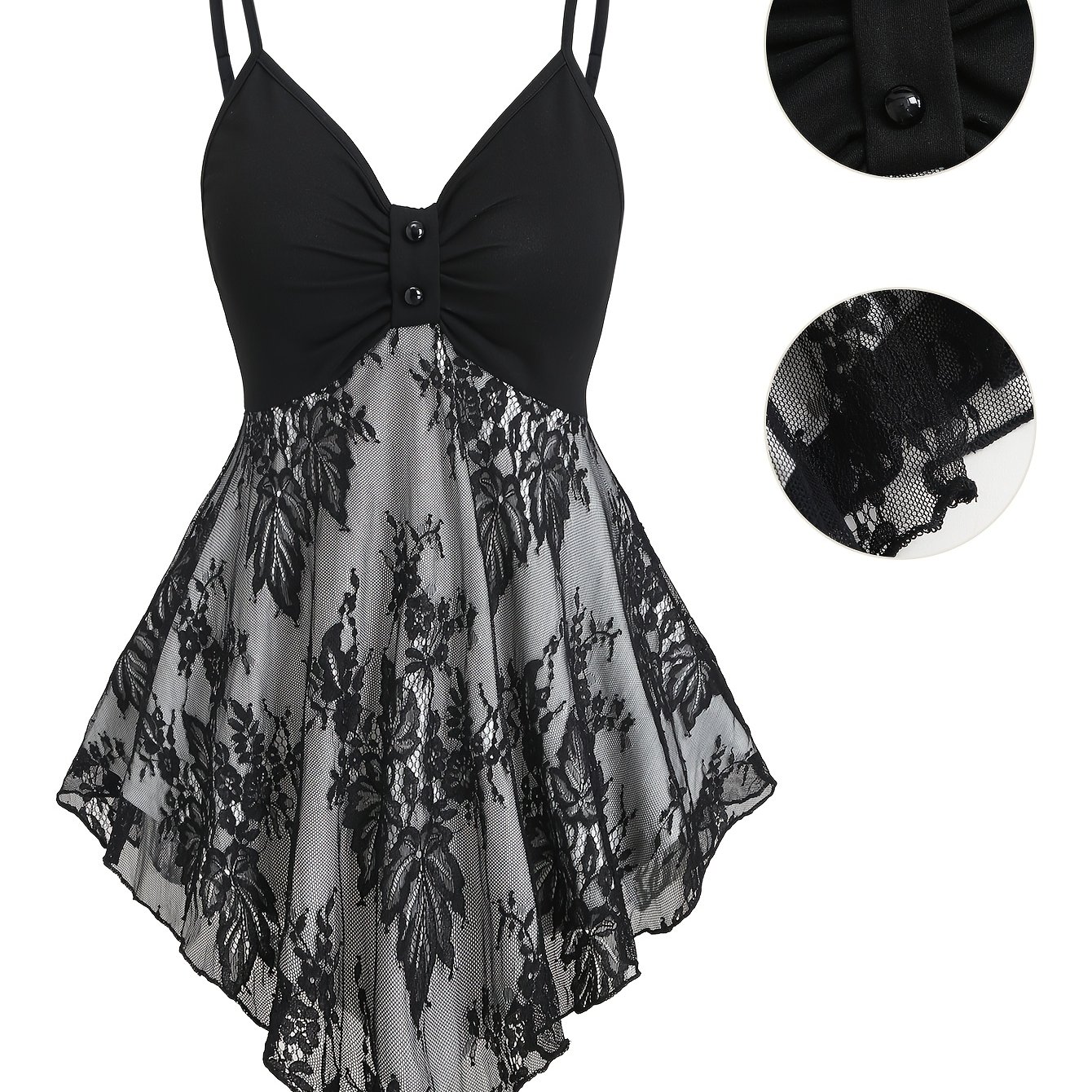 TEMU Women's Casual Black Lace Floral Print Cami Top, French Sexy V-neck Irregular Hem Blouse