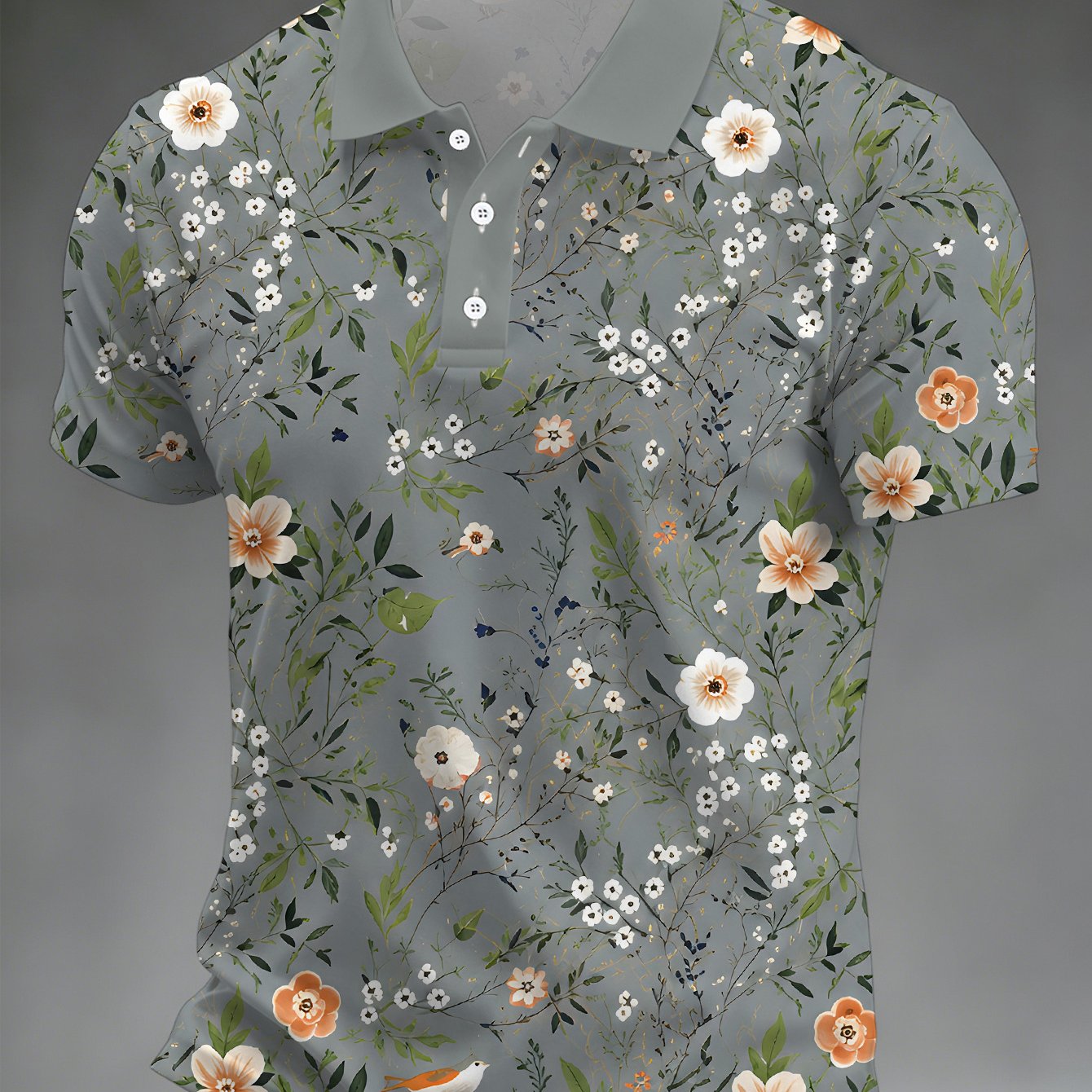 TEMU Plus Size Men's Short Sleeve Floral Style Casual Lapel T-shirt Large Bird Print Print Outdoor Obese Short Sleeve Shirt Gray- Summer T-shirt With