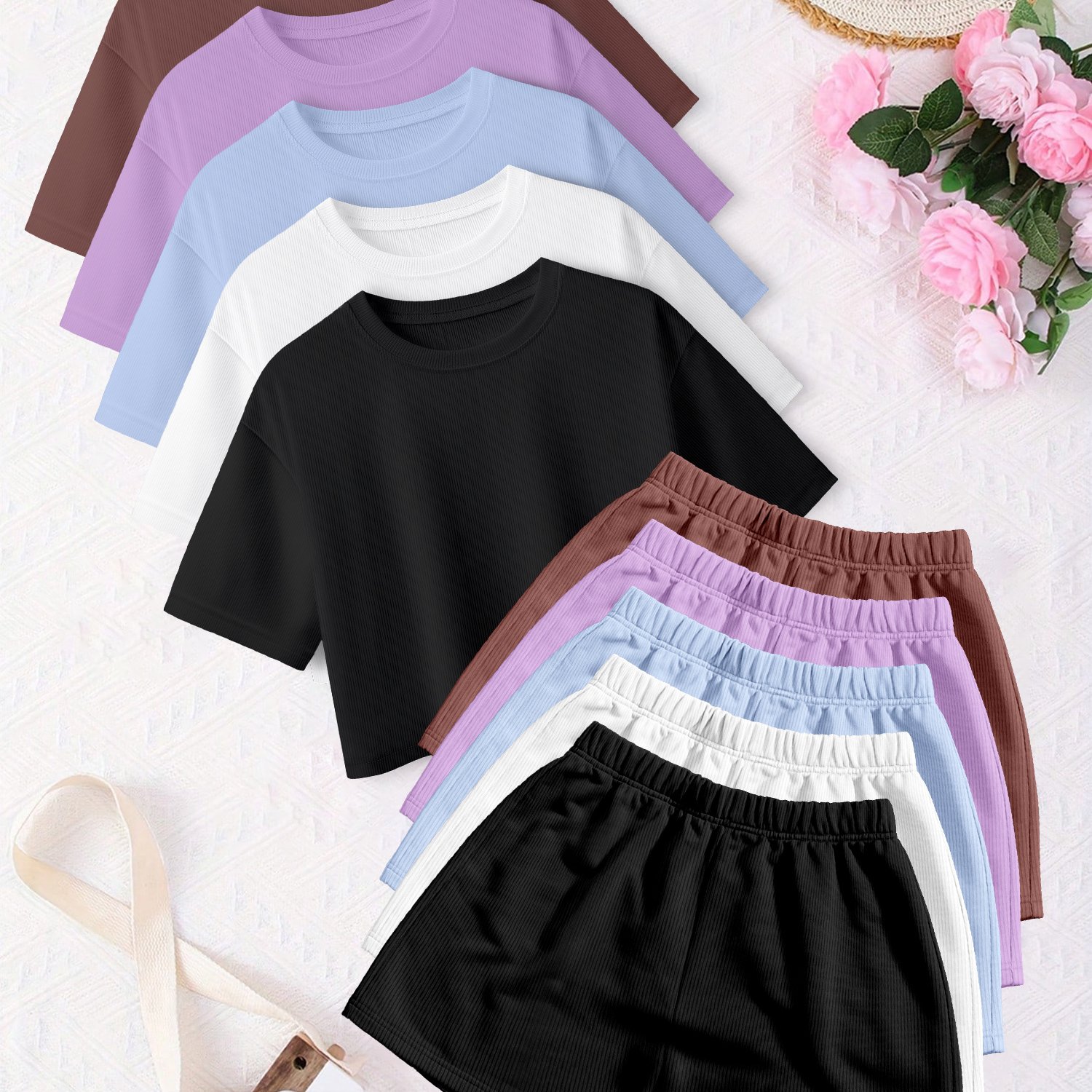 TEMU 10pcs Women's Spring And Summer Casual Top And Pants Set Round Neck Short-sleeved T-shirt   Comfortable Sports Home Shorts -d10 k8-10pcss