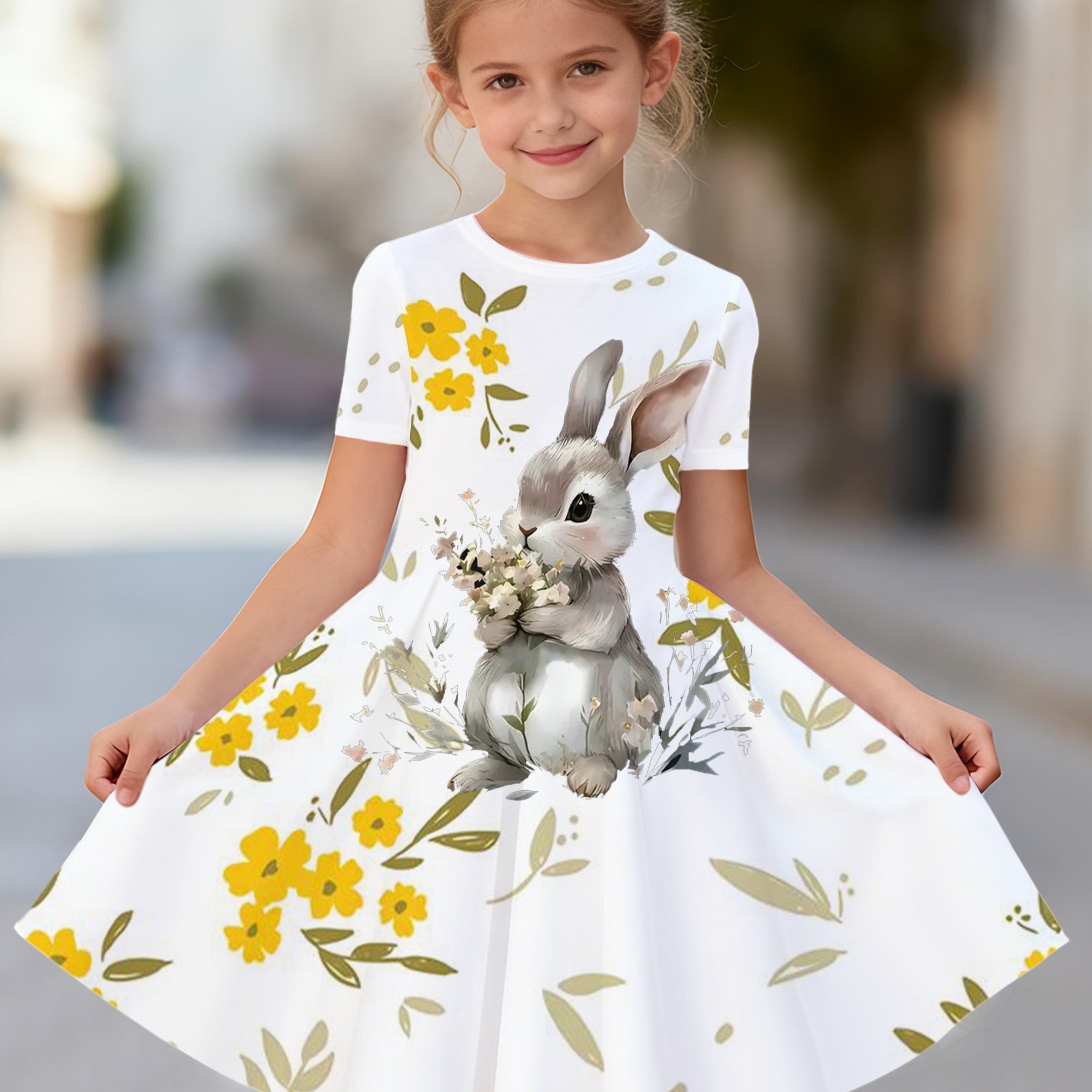 Girls' Rabbit Print Pattern Summer Short Sleeve Dress - Lightweight Beach Party Outfit, Round Neck Short Sleeve Flared Dress, Perfect For Girls And Beach