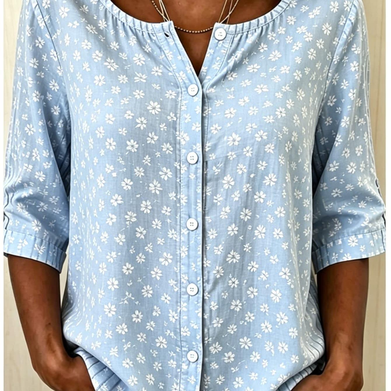 Plus Size - 2026 Fashionable New Women's Floral Geometric Pattern Round Neck Button Printed Shirt, Fashionable Casual 2d Printed Button Shirt