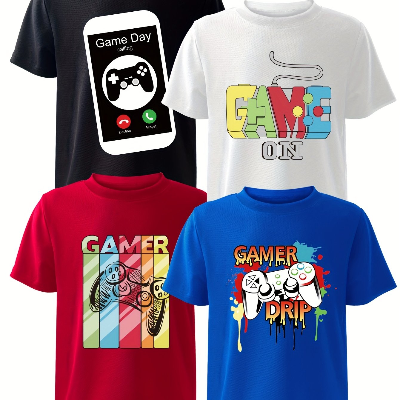 E-shop 4 Stück Mehrfarbige Game-Controller, Buchstabenbedruckte Kurzarm-T-Shirts, Spielkonsolen-Bedruckte Kinder-T-Shirts in Unifarben, Große Kleine