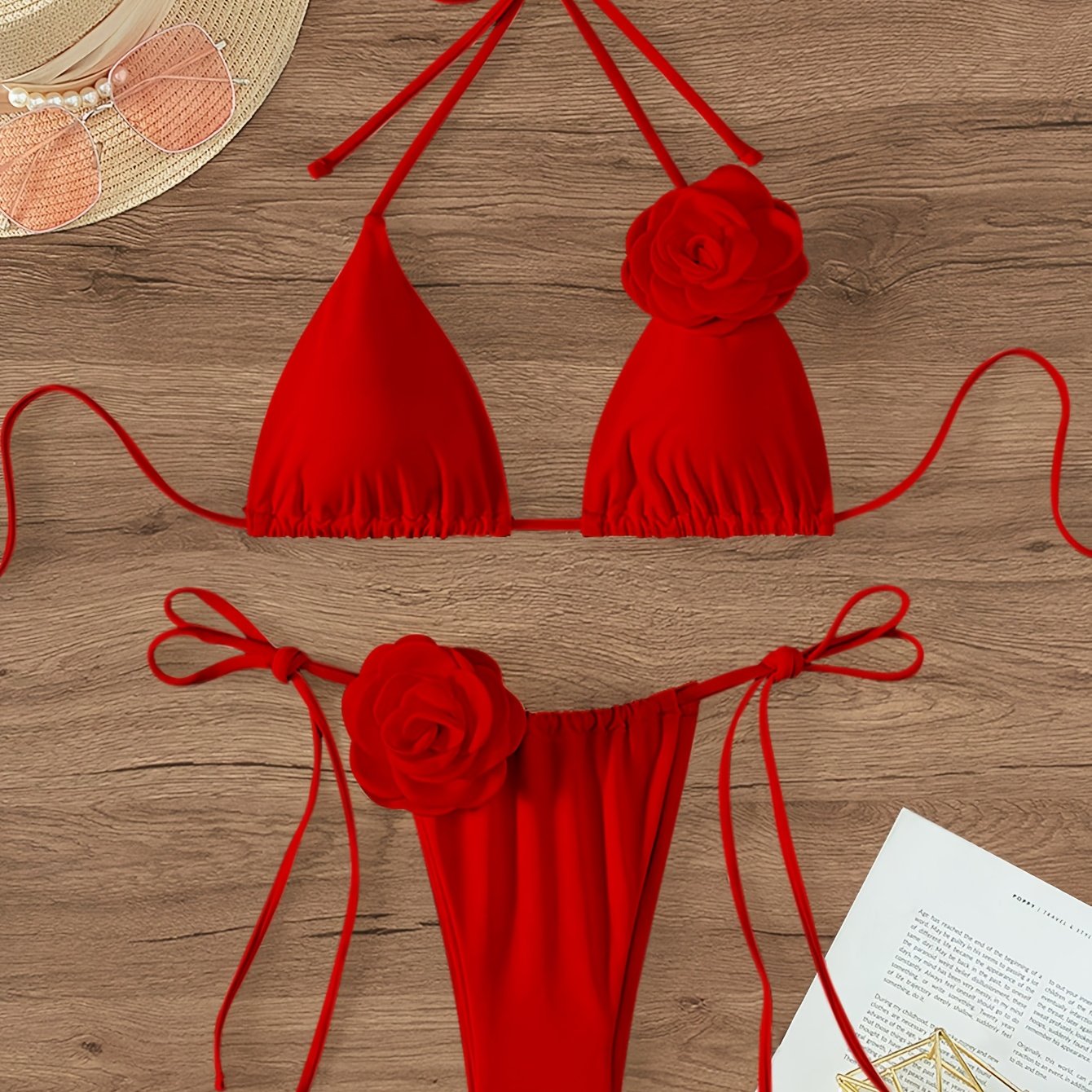 E-shop Valentinstag Pure Desire Rote Rose Bikini Träger Geteiltes Badeanzug Geraffte Strandurlaub Sexy Rückenfrei Foto Atmosphäre