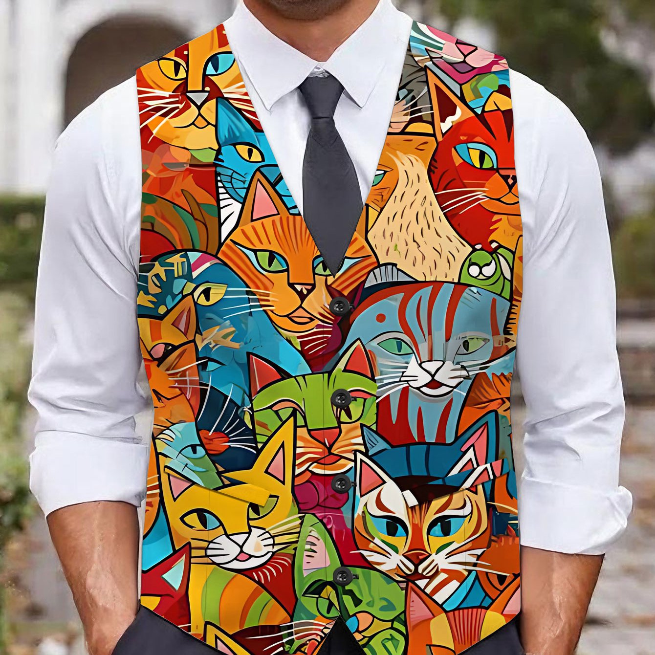 TEMU Trendy Casual Men's Plus Size Vest, Colorful Cat Illustration, Trendy Fashion Casual Cool Comfortable Street Style, Clothing / Casual / Men's /
