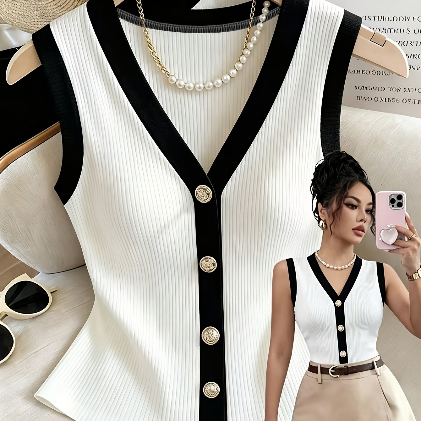 TEMU Women's Color- Vest In A Chic Style For Spring And Summer, Featuring A V-neck, Golden Buttons, A Fitted Waist, And A Sleeveless Design For A