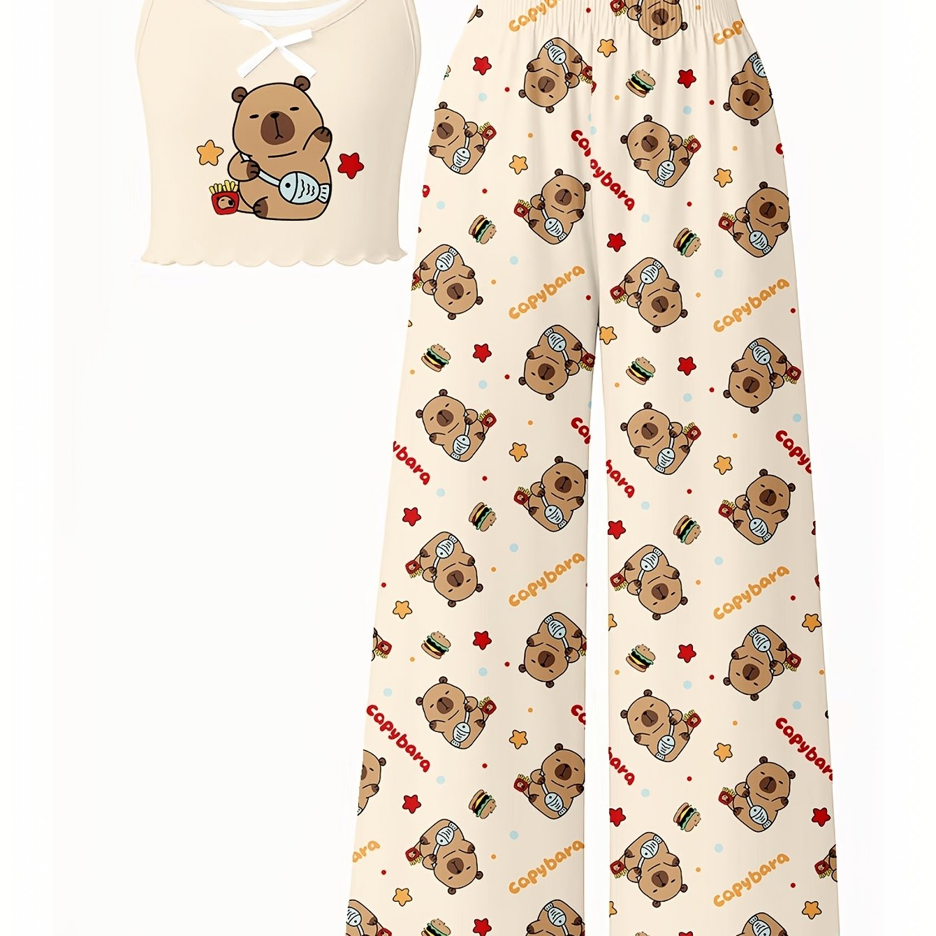 Image of Girls' Cute Capybara Pajamas, Cami Top + Pants Loungewear Set, Casual Sleepwear, Flame Retardant