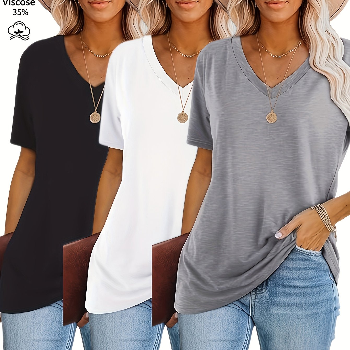 E-shop Plus Size - Plus Size - Plus Size 3-teiliges Set 2025 Damen T-Shirt, Western Fashion Casual Top, V-Ausschnitt Locker Kurzarm T-Shirt