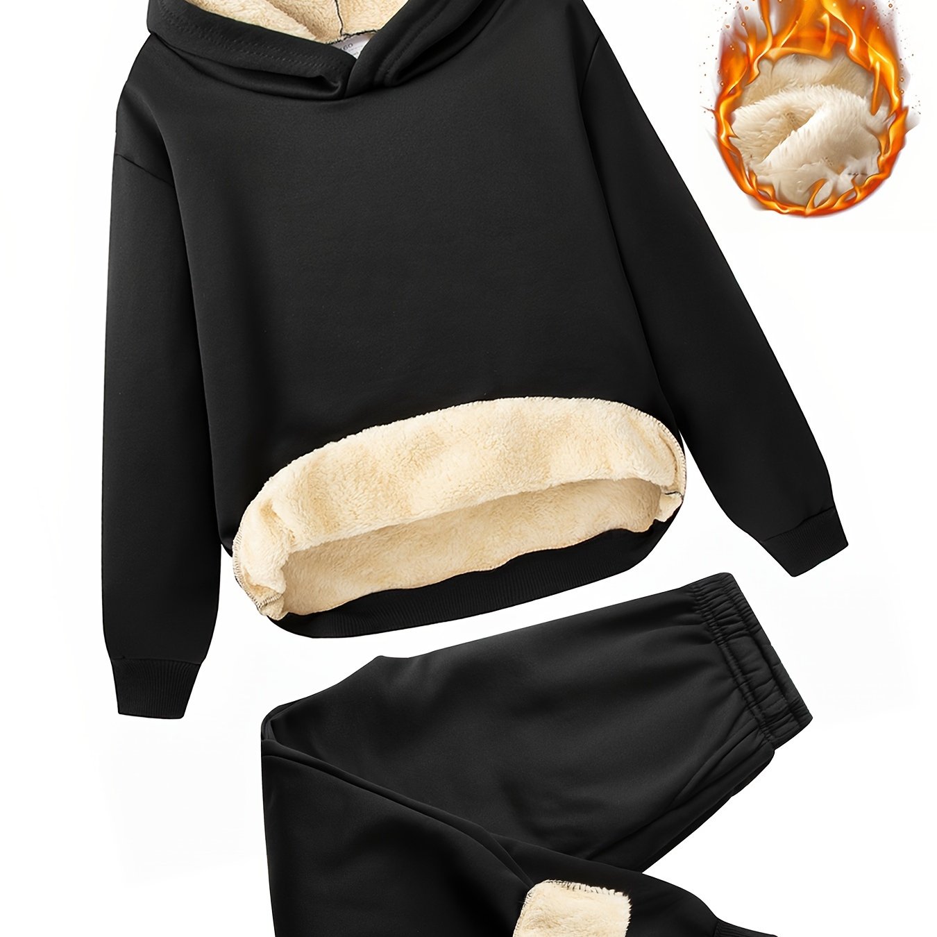 Image of 2pcs Boys' Fleece-lined Thickened Hoodie + Pants Set, Autumn And Winter Comfortable Warm Solid Color Sportswear For Children Daily Casual Outdoor, Perfect For Outdoor