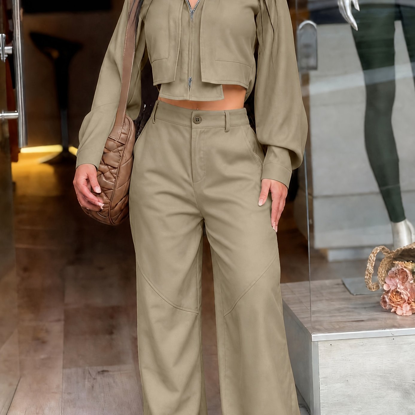 TEMU Ensemble décontracté utilitaire style vintage, haut court uni et décontracté avec fermeture éclair et manches longues pour un du ventre