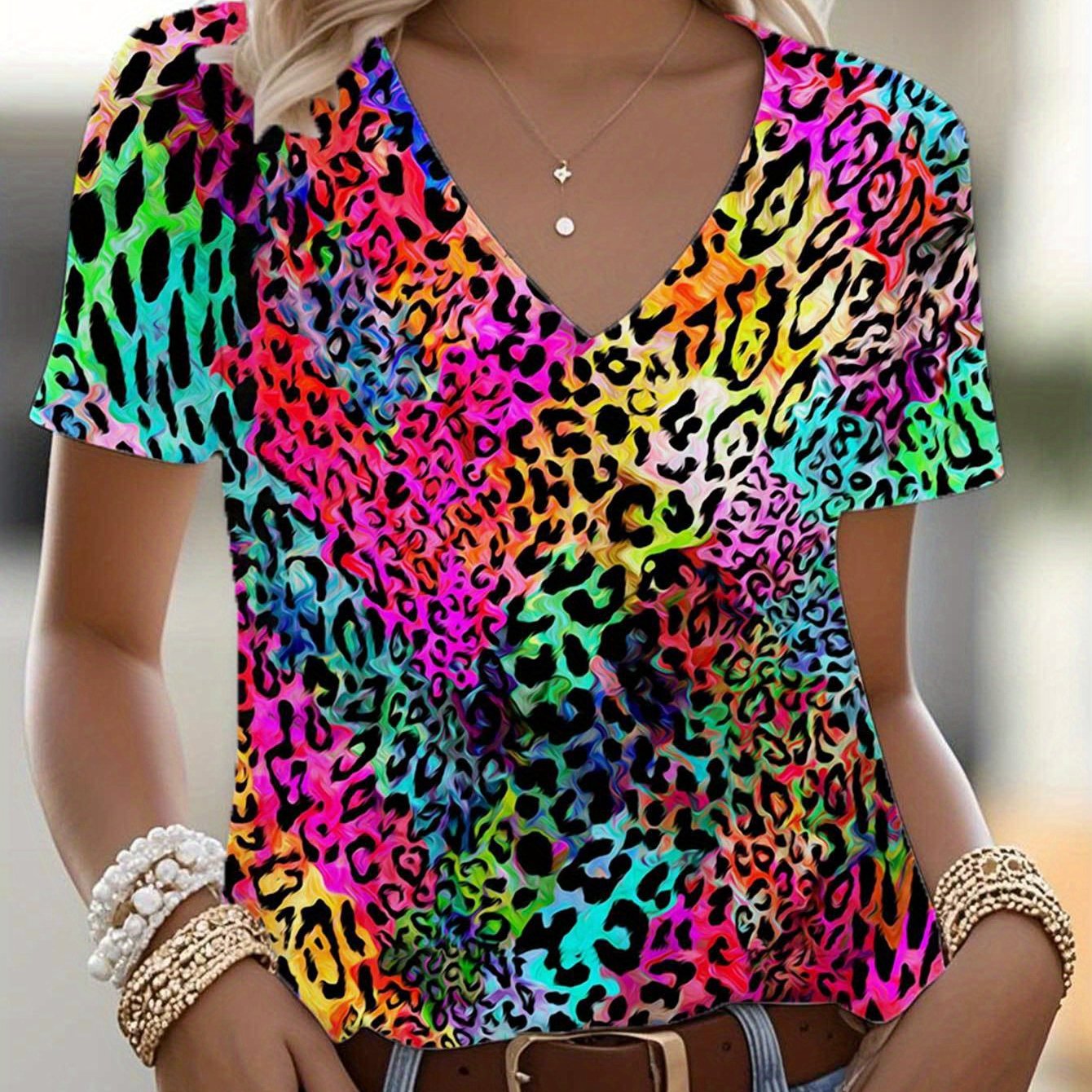 TEMU Plus Size, Plus-size Women's Clothingwomen's 3d Full- Short-sleeve V-neck T-shirt  Colorful Leopard Print  Lightweight Breathable Fabric(same