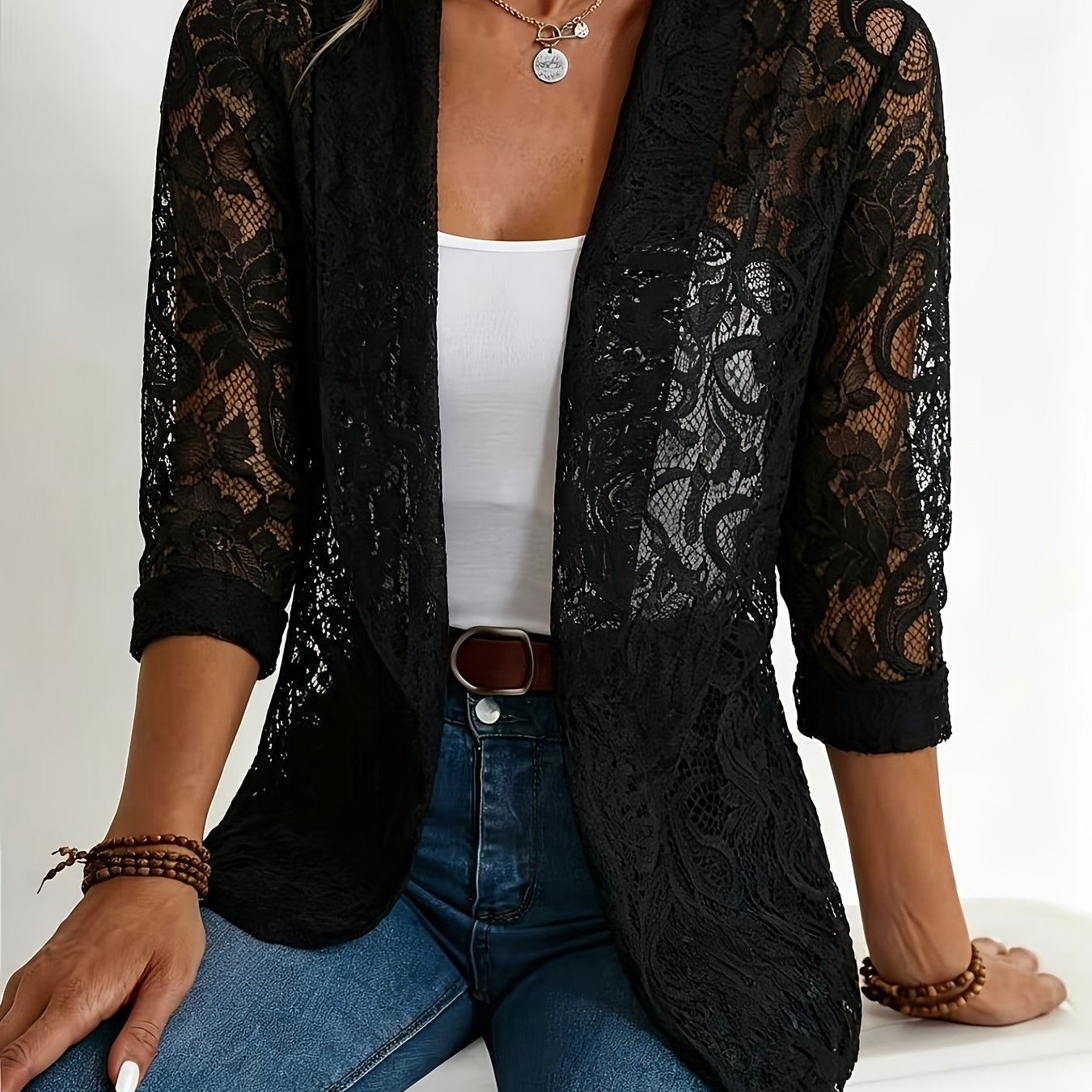 TEMU + Blazer Haut en Dentelle pour Femme, Nouvelle pour Printemps/Automne. Élégant Haut Veste en Dentelle. Élégant et Décontracté, Chic , Élégant et