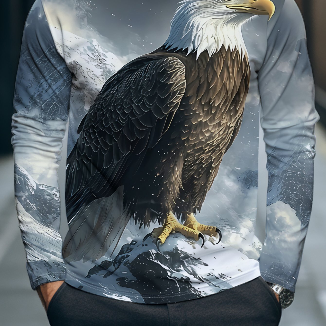 TEMU Long Sleeve T-shirt With Eagle On | , Crew Neck, Regular Fit, Stretch Fabric
