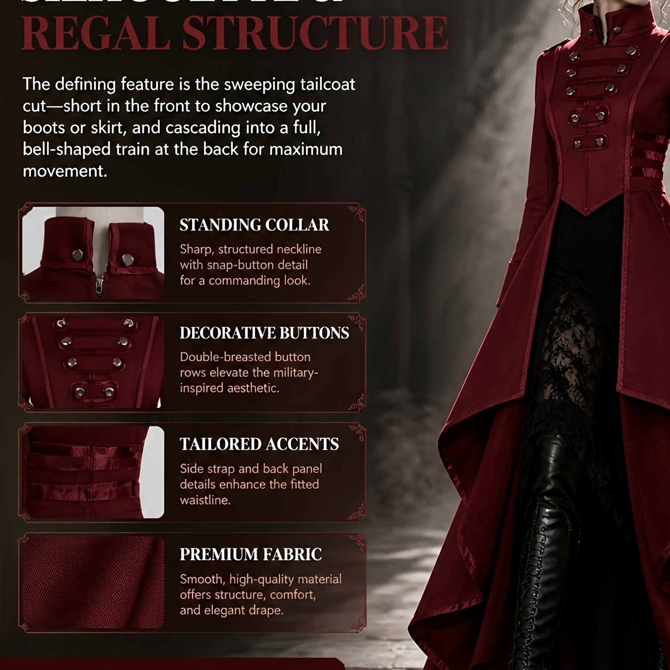 TEMU Women's Gothic Victorian Tailcoat Jacket, Wine Breasted Stand Collar Long Coat, Asymmetrical High Low Hem Steampunk Corset Outerwear, Vintage