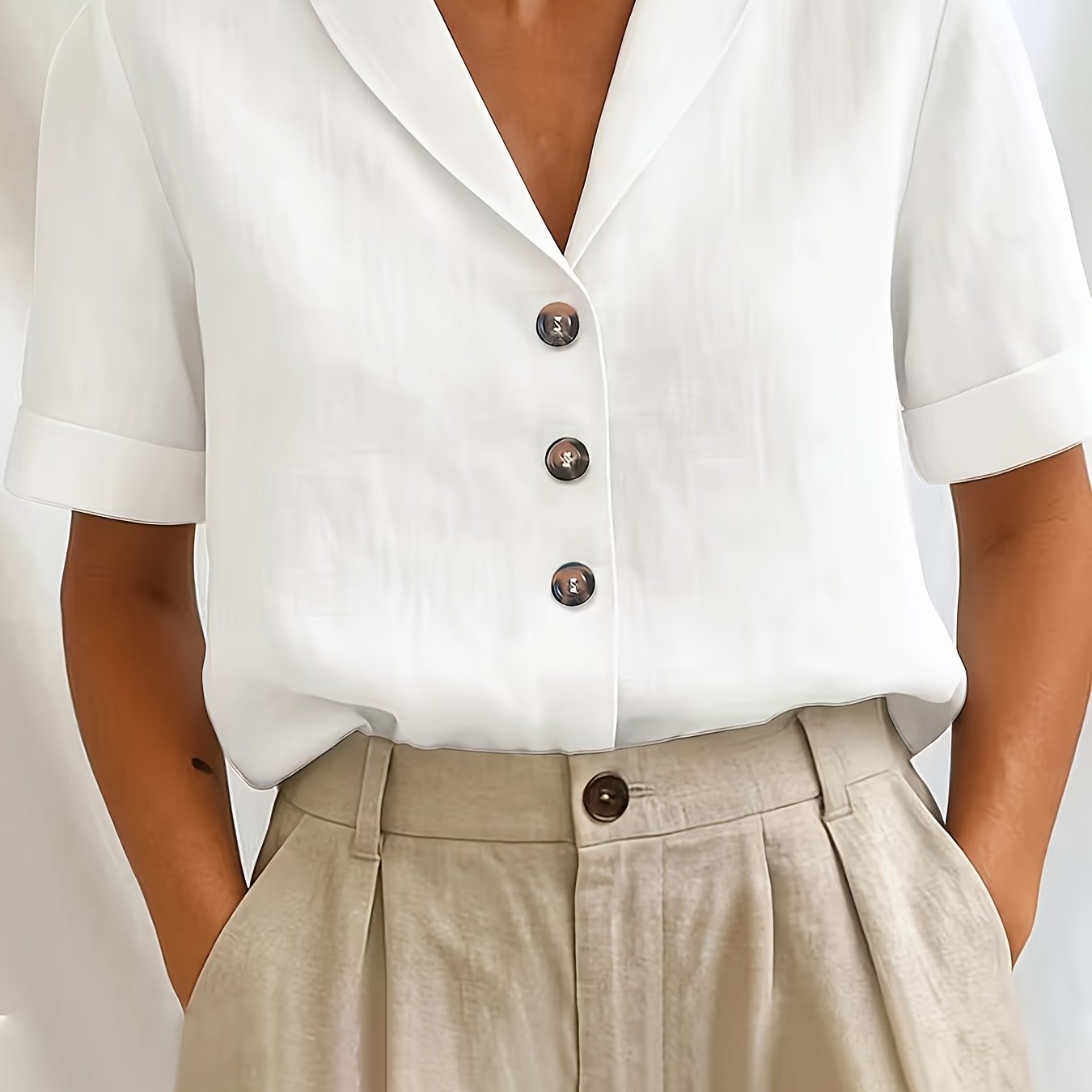 Plus Size - Plus Size - A Relaxed Solid Color Short-sleeve Pullover With A Collar, Perfect For Casual And Commuting, Made Of 100%