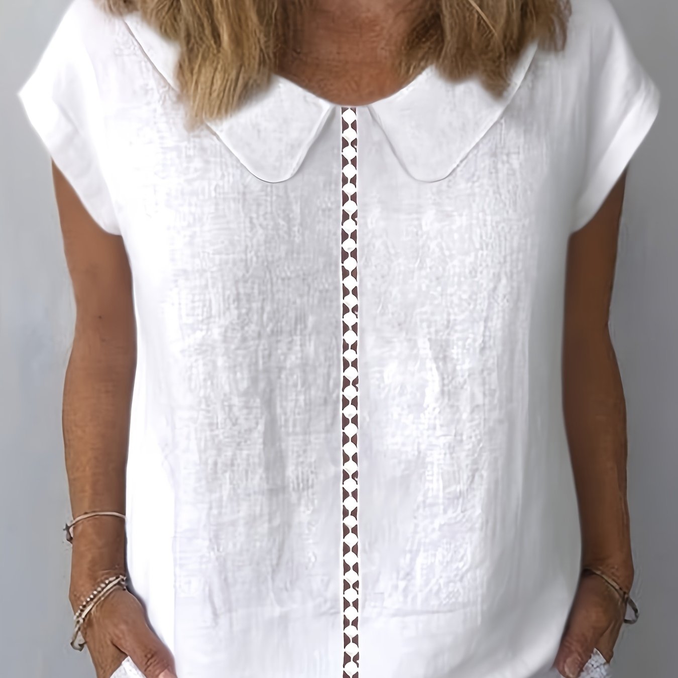 Loose Solid Color Lapel Lace Splicing Short Sleeve Pullover