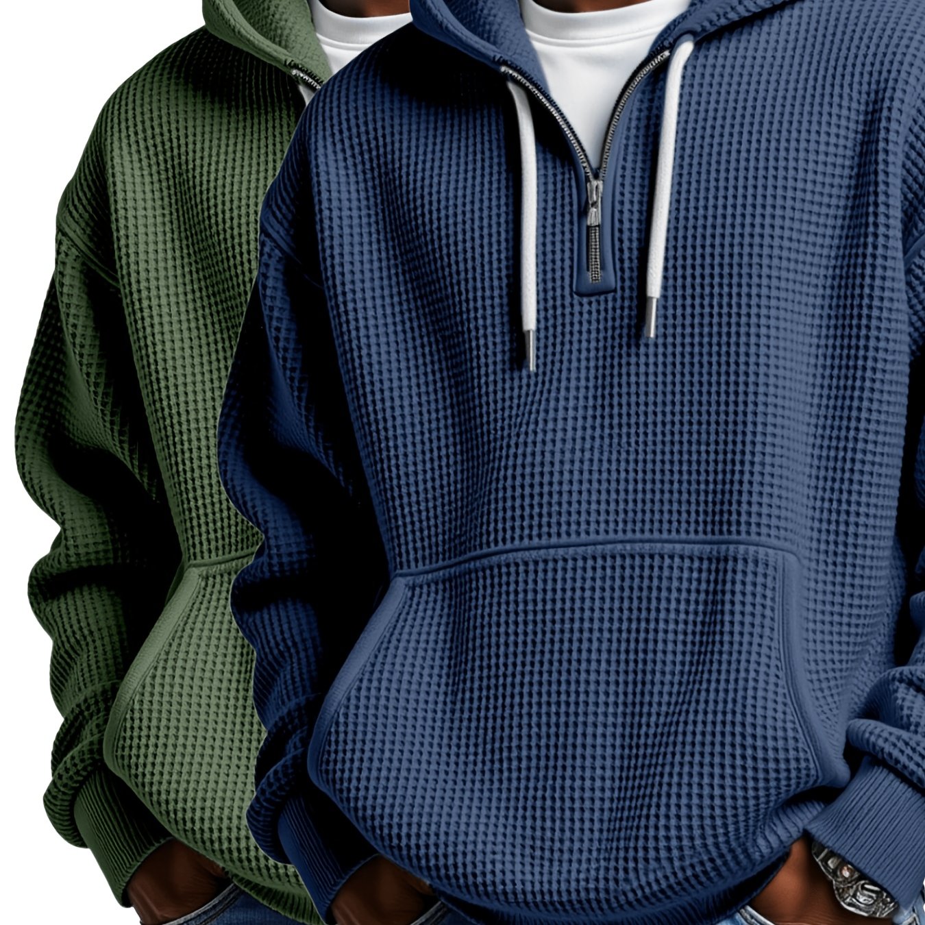 Image of 2pcs Men's Waffle Half Zip Hoodie, Long Sleeve Drawstring Hooded Sweatshirt With Kangaroo Pocket, Relaxed Fit Casual Pullover For Autumn Winter Daily Wear