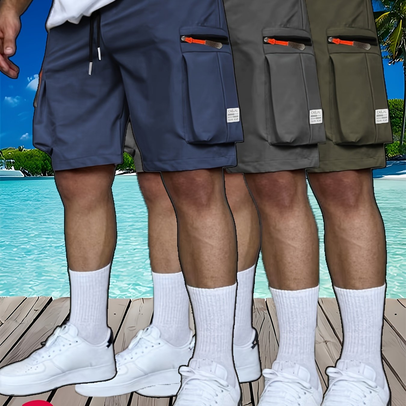 TEMU 3pcs Men's Cargo Shorts - Zippered Multi-pocket Durable Fabric, Non-stretch Breathable Design, Solid Color Casual Workwear Style Suitable For