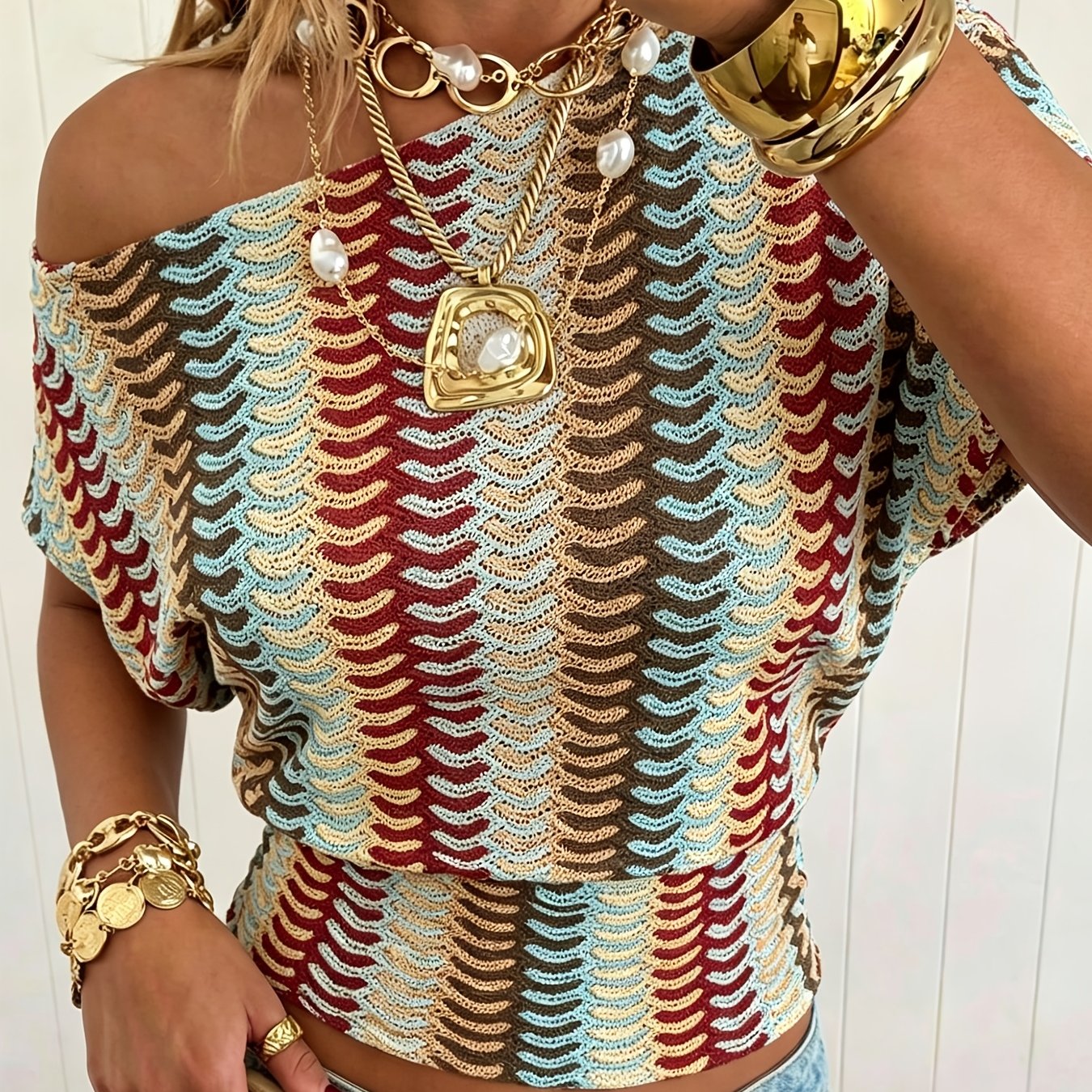 TEMU Vintage American--block Crochet Openwork Off-shoulder Short-sleeve Top For Women â Summer Loose , Hand- Wavy Stripes, Casual Versatile