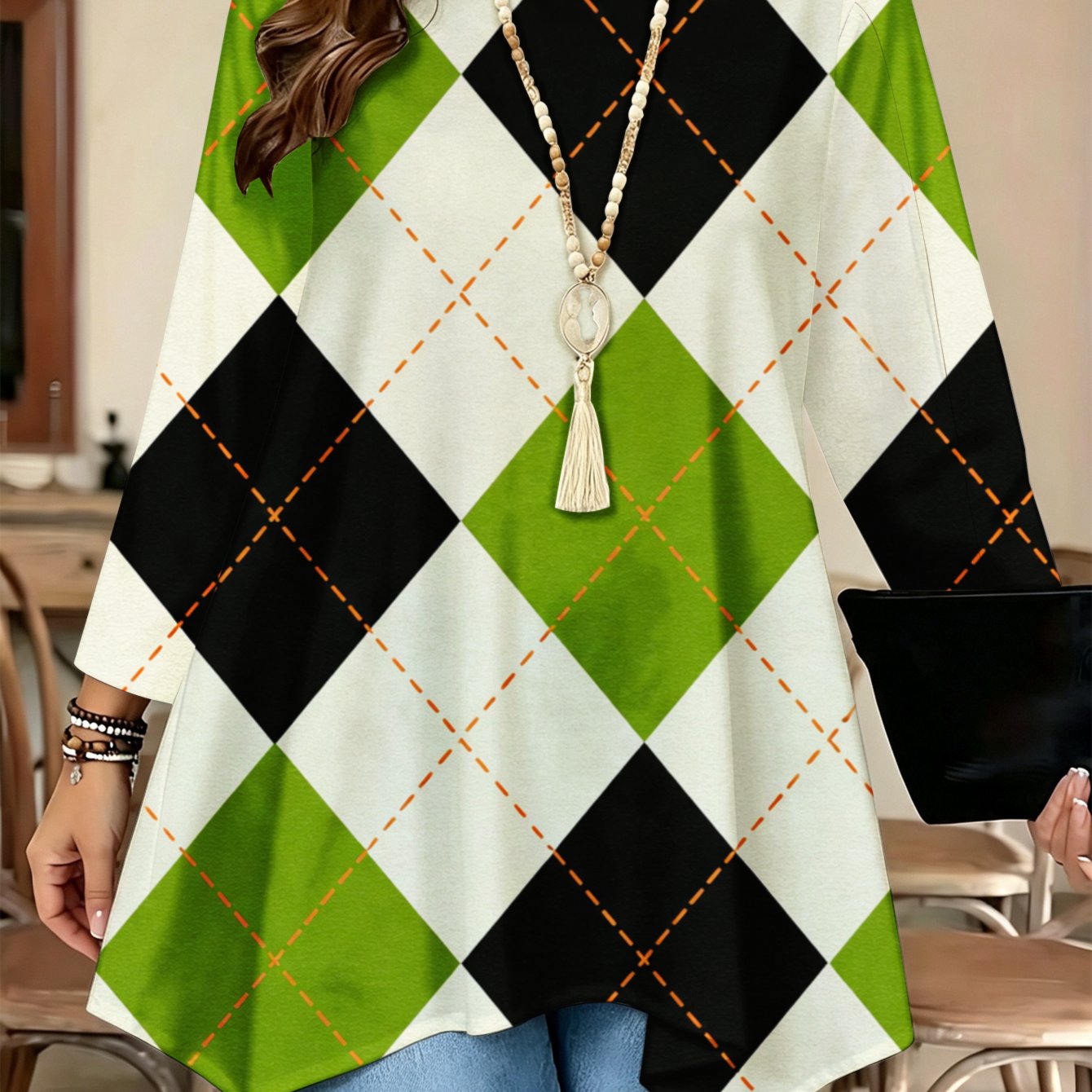 Image of Plus Size - Fashionable , Women's Long-sleeve Blouse With Round Neck And Asymmetric Hem Argyle Diamond Easy For Spring And Summer Wear, For Women In Large Sizes