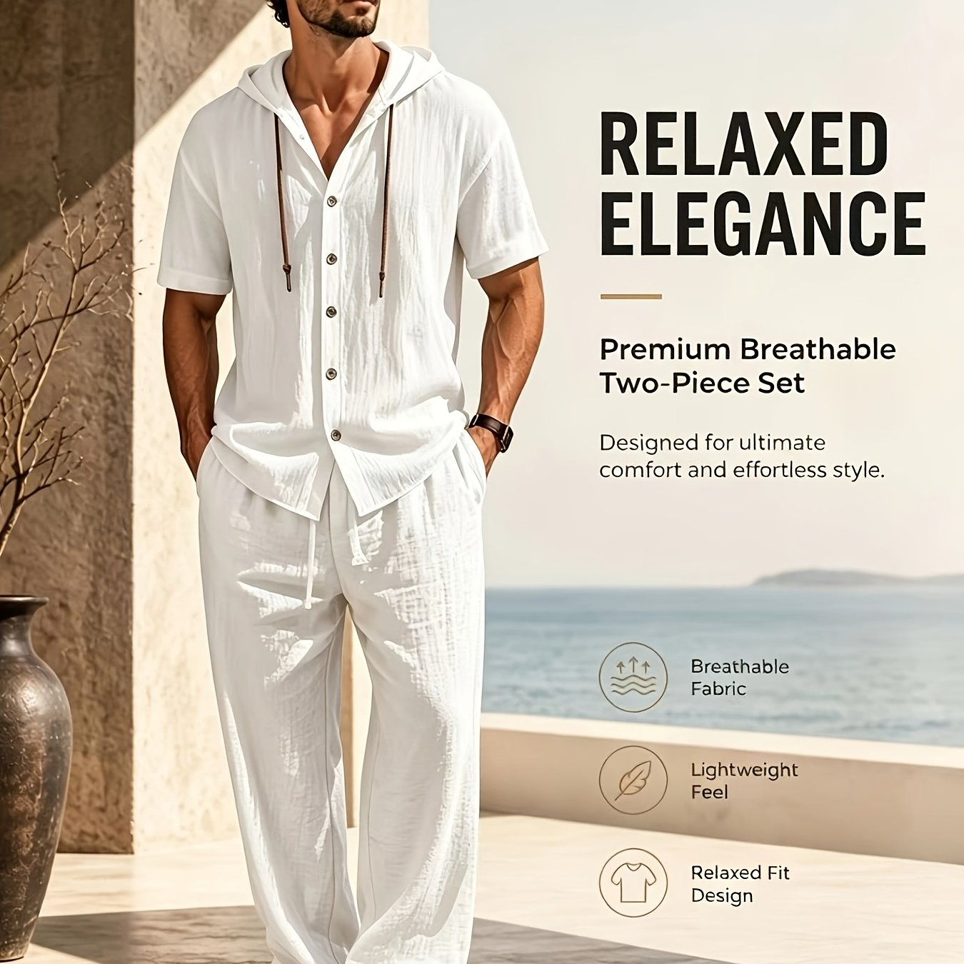 TEMU Men's Fashion Casual Set, Linen Fabric, Men's Stylish Lightweight Linen Short-sleeve Hoodie + Linen Trousers, Quick-drying, Non-restrictive,