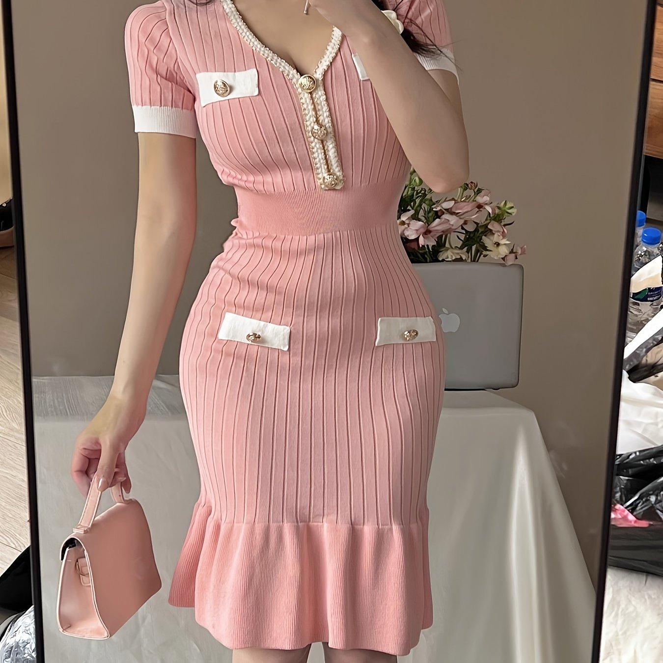 TEMU Elegant V-neck Long Dress With A Fitted Waist And Hem