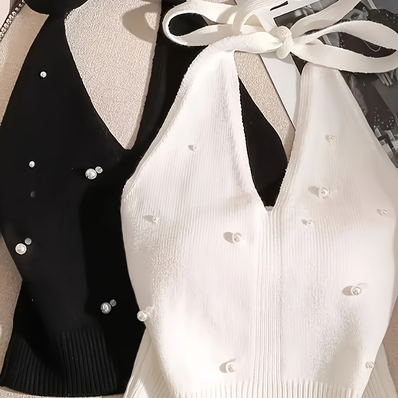 E-shop 2er-Pack exquisites Neckholder-Top im französischen Stil mit Perlen für Damen, dünnes kurzes Cropped-Top mit freiem Bauchnabel, schlankes,