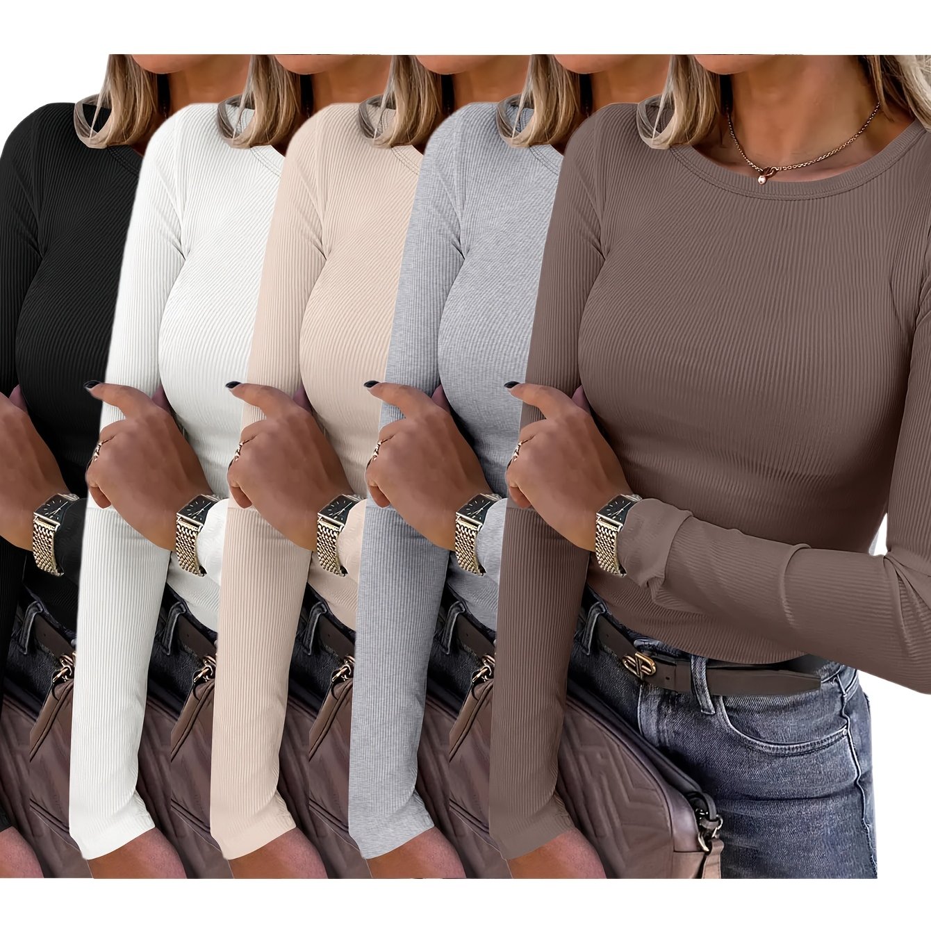 TEMU Five-piece Women's Fashion Top Long-sleeved Round Neck Slim Fit Basic Shirt Comfortable Long-sleeved Pullover