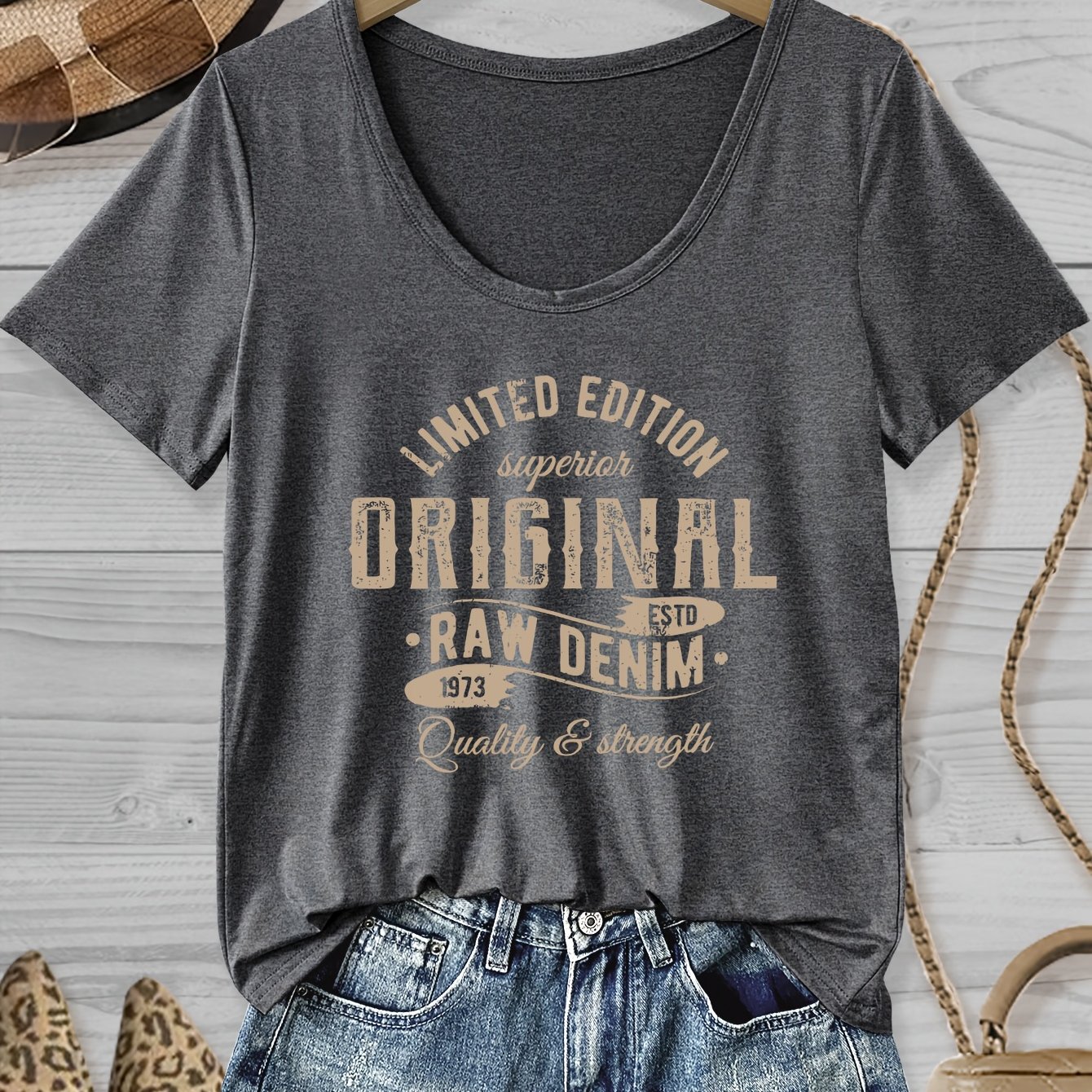 TEMU Letter Print T-shirt, Short Sleeve Crew Neck Casual Top For Spring And Fall, Women's Clothing