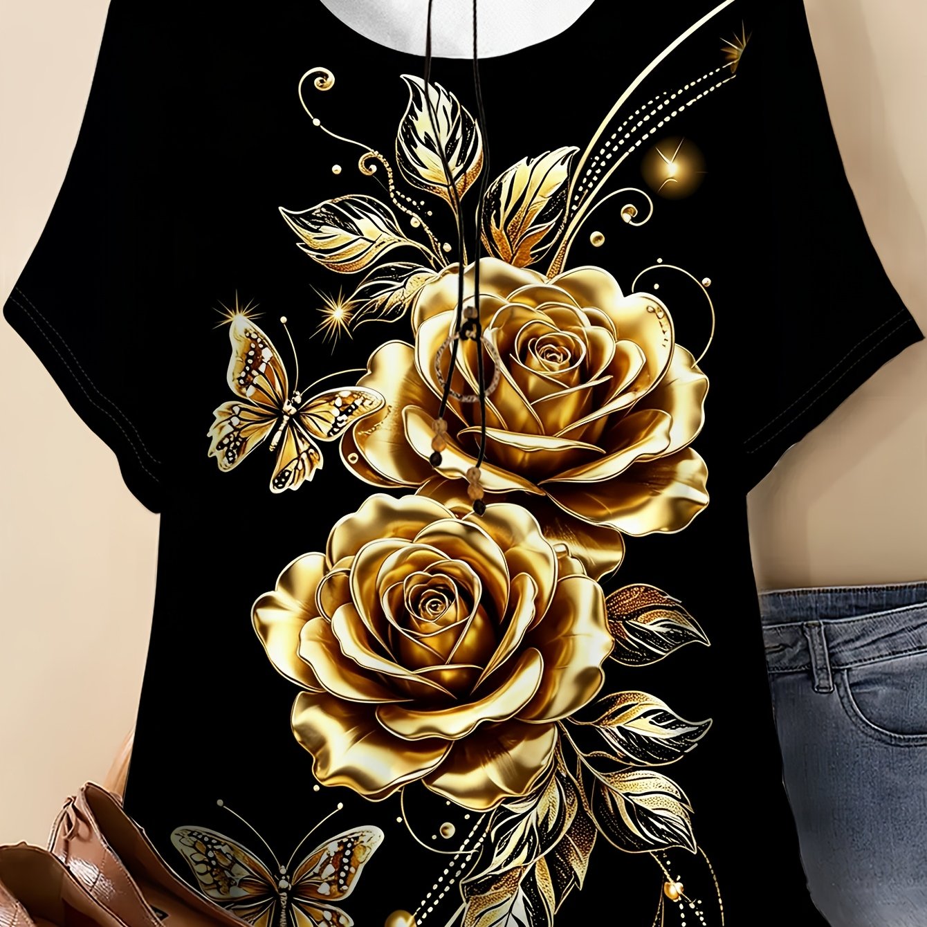 TEMU Plus Size Women's T-shirt, Pattern Print, Round Neck Short Sleeve Summer Top With 2 Full Metallic Golden Rose Outdoor Wear, Stretch Fabric