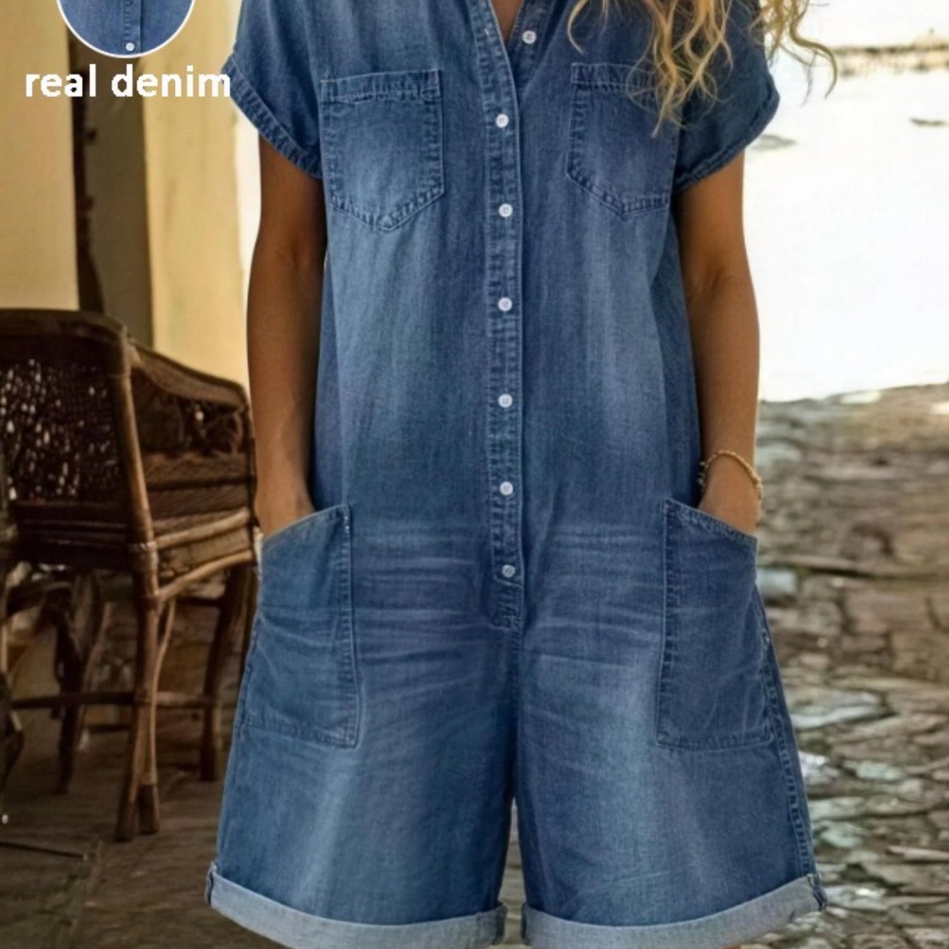 TEMU 2026 New Women's Vintage Short-sleeved Real Denim Jumpsuit With Pockets, Retro Solid Color Bodysuit For Lady, V-neck, Button Up, Loose Fit,