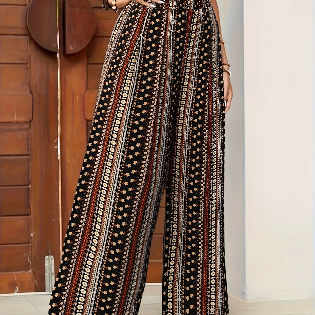 TEMU Plus Size - Plus Size - Casual Trousers For Spring, Summer, And Autumn Featuring A Bohemian Print, Wide Legs, An Elastic Waistband, , A