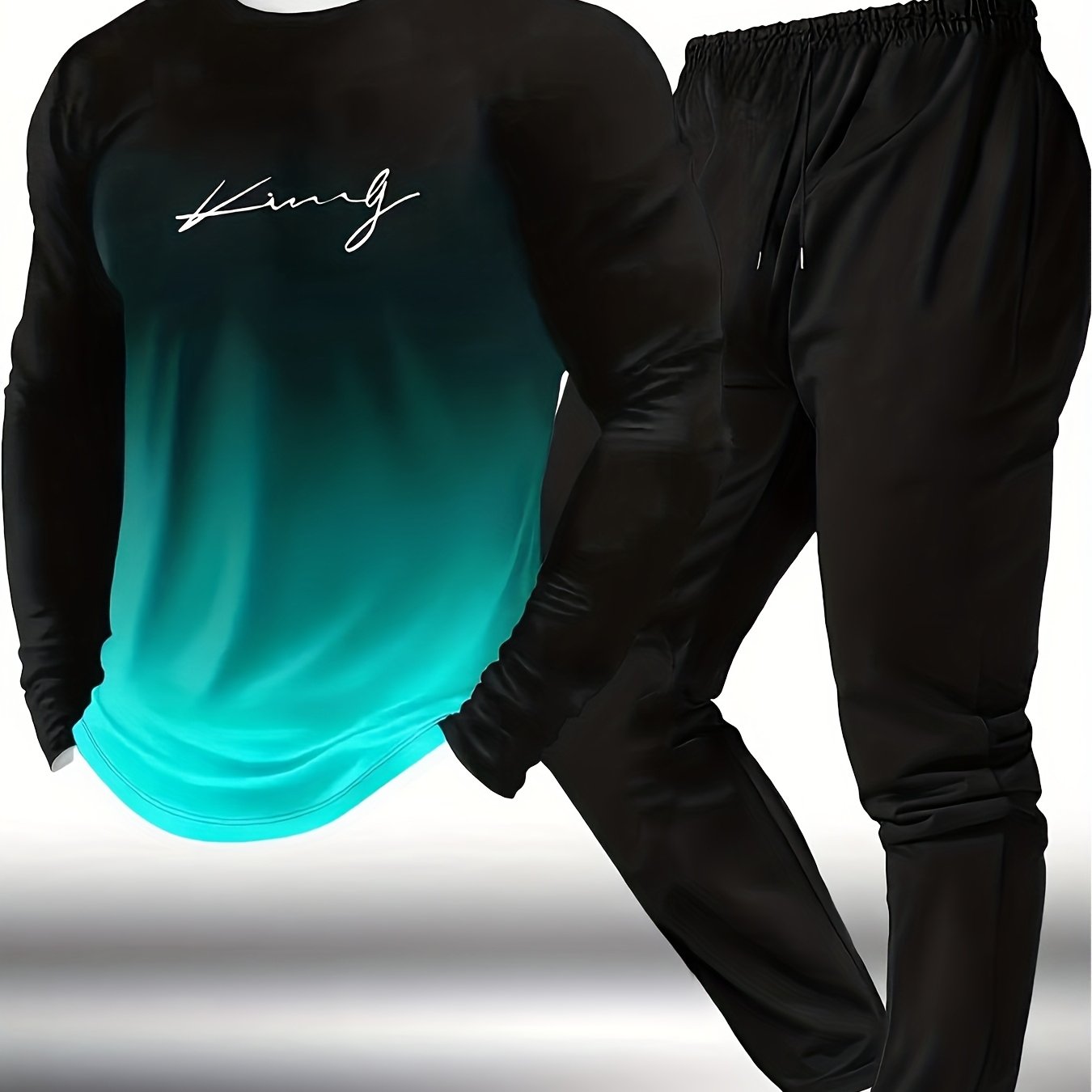 Autumn And Winter Men's Letter Printing Gradient Color Long Sleeve Trousers Home Clothing Set