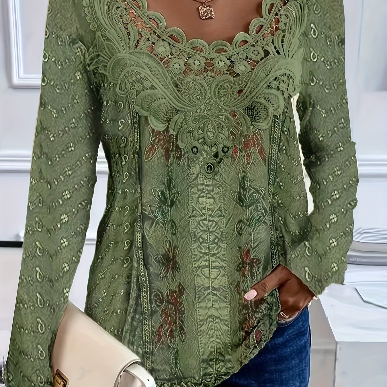 TEMU Spring/autumn Printed Long-sleeve Lace Patch Collar Elegant Women's T-shirt