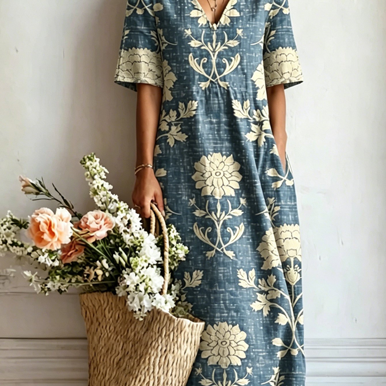Image of Summer Bohemian Floral Print V-neck Mid-sleeve Pocket Dress - A Flattering, Loose-fitting Dress Perfect For Vacations, Commutes, And Casual Wear