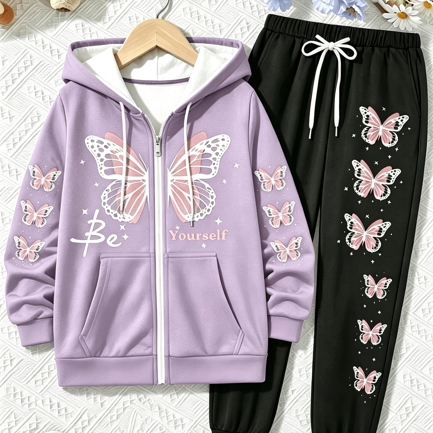 TEMU Plus Size - Print Hooded Set Autumn All-match Zipper Cardigan Casual Joggers Two-piece Set