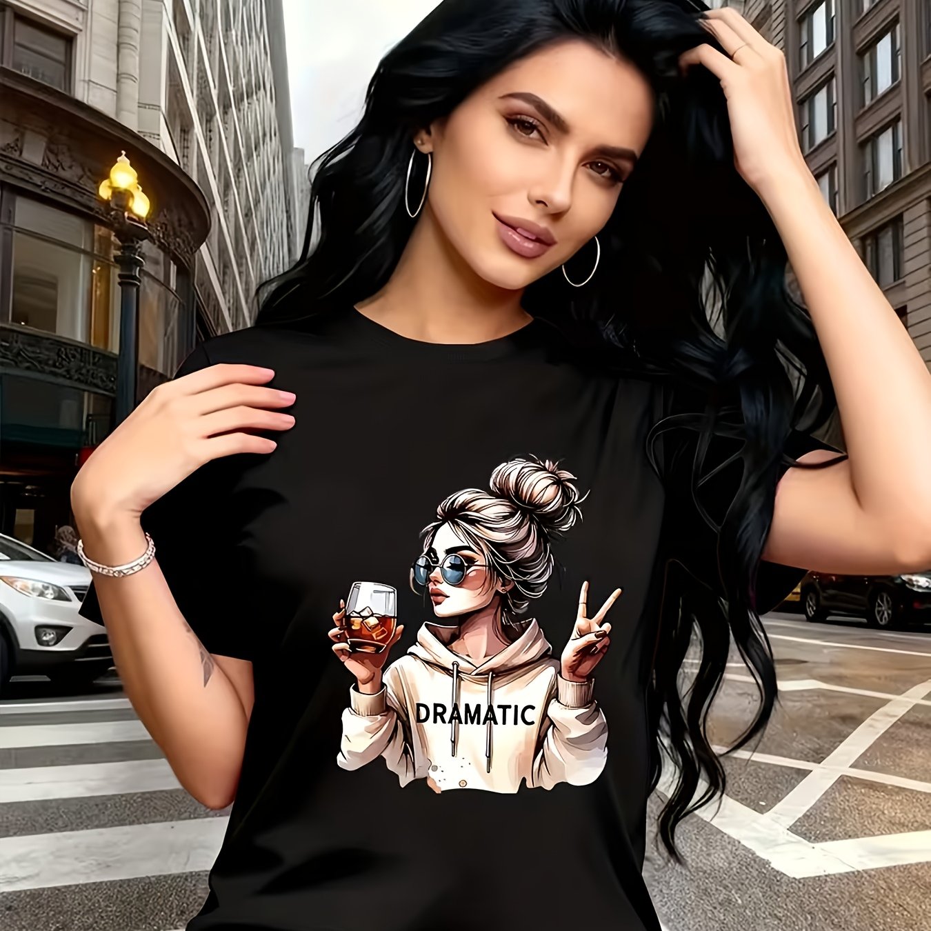 E-shop Schickes, dramatisches Grafik-T-Shirt | Rundhalsausschnitt, Passform, lässiger Chic-Stil mit geometrischem Muster und bequemem Stoff
