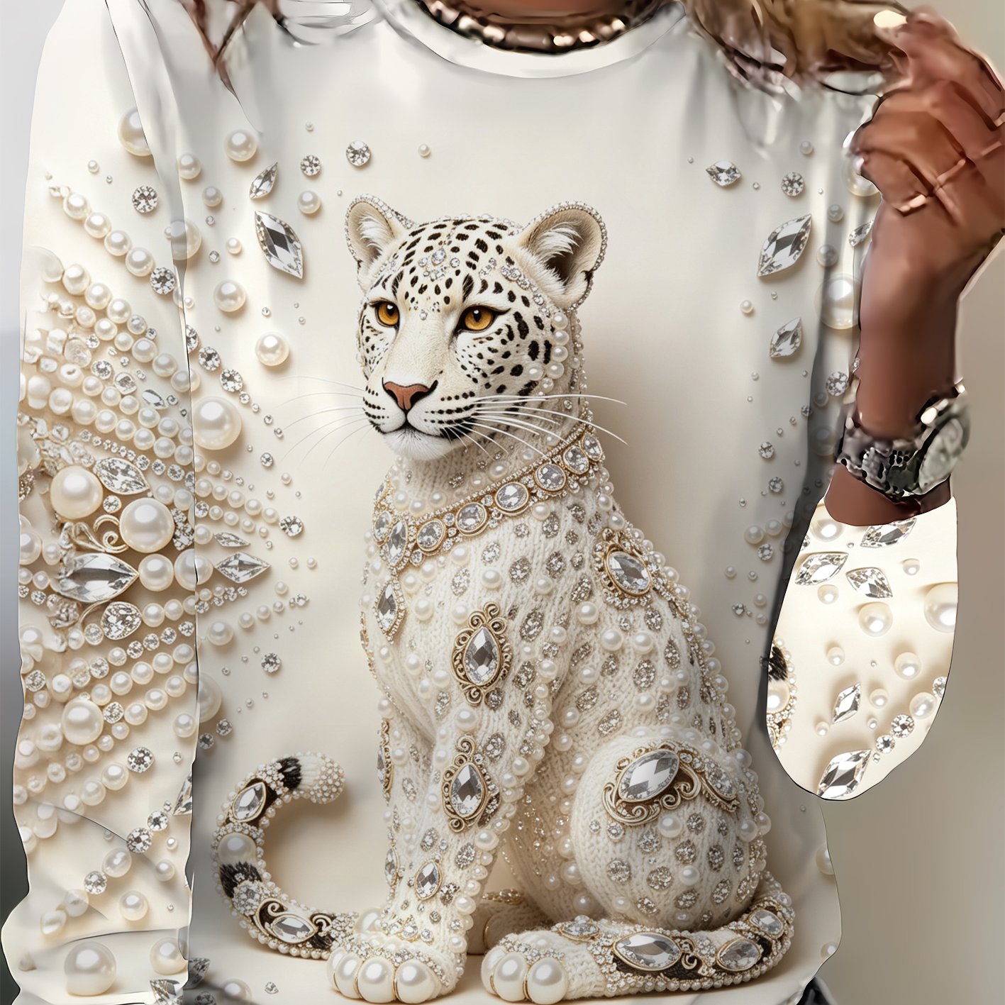 TEMU Women's Loose Long Sleeve T-shirt, Featuring Luxurious Embellishments, White Leopard Print Design. Suitable For Casual Wear, Elegant Animal
