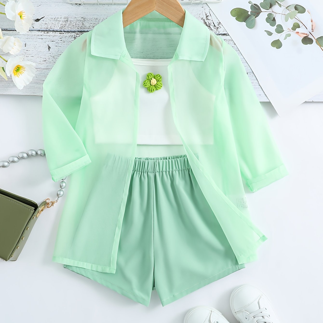Image of Summer Casual Outing Solid Long Sleeve Semi-sheer Jacket Cami Vest Short Sleeve Girls 3pcs Set, For Outdoor
